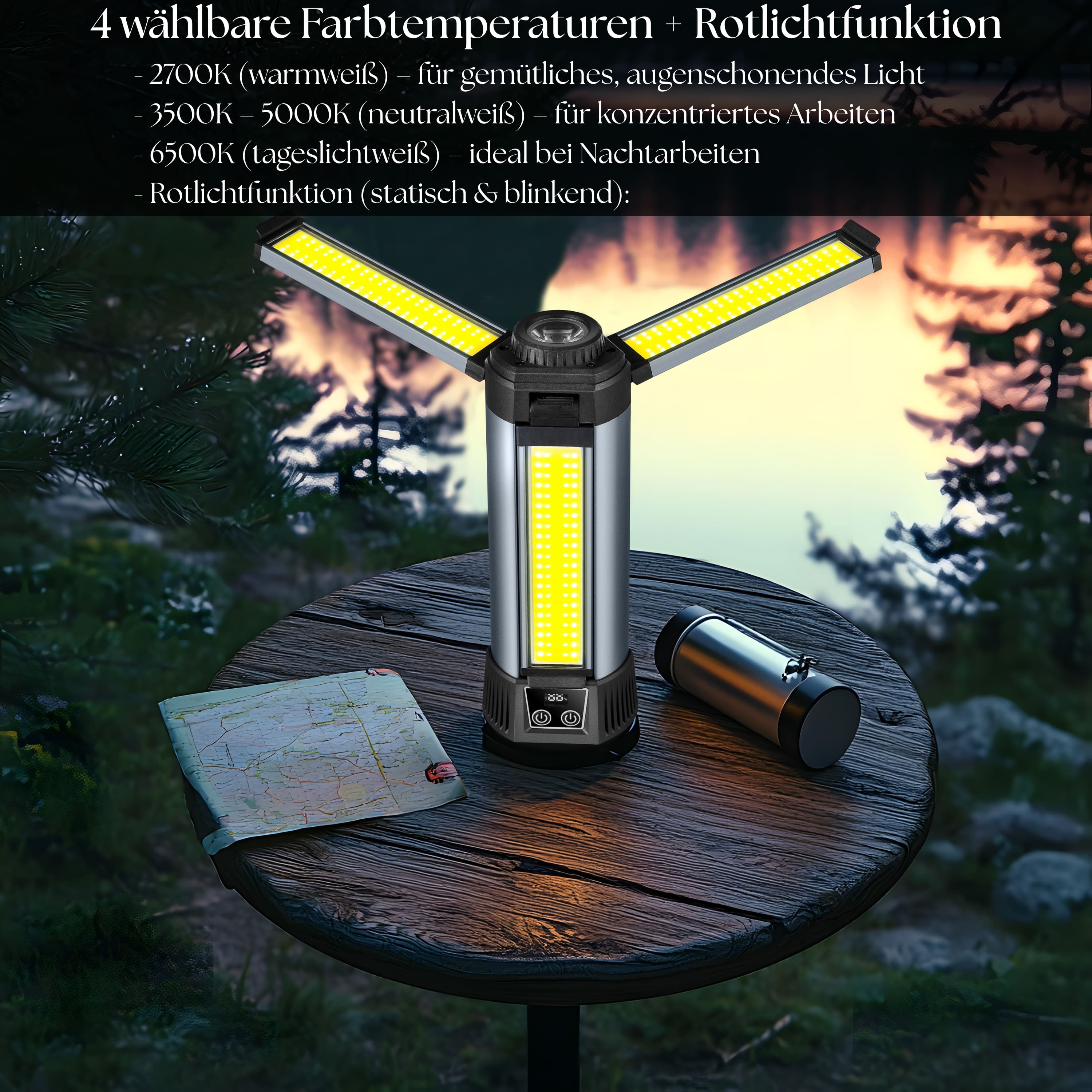 Eine tragbare Lampe mit gelben Lichtern, auf einem Holztisch, mit einer Karte und einer Metallflasche.
