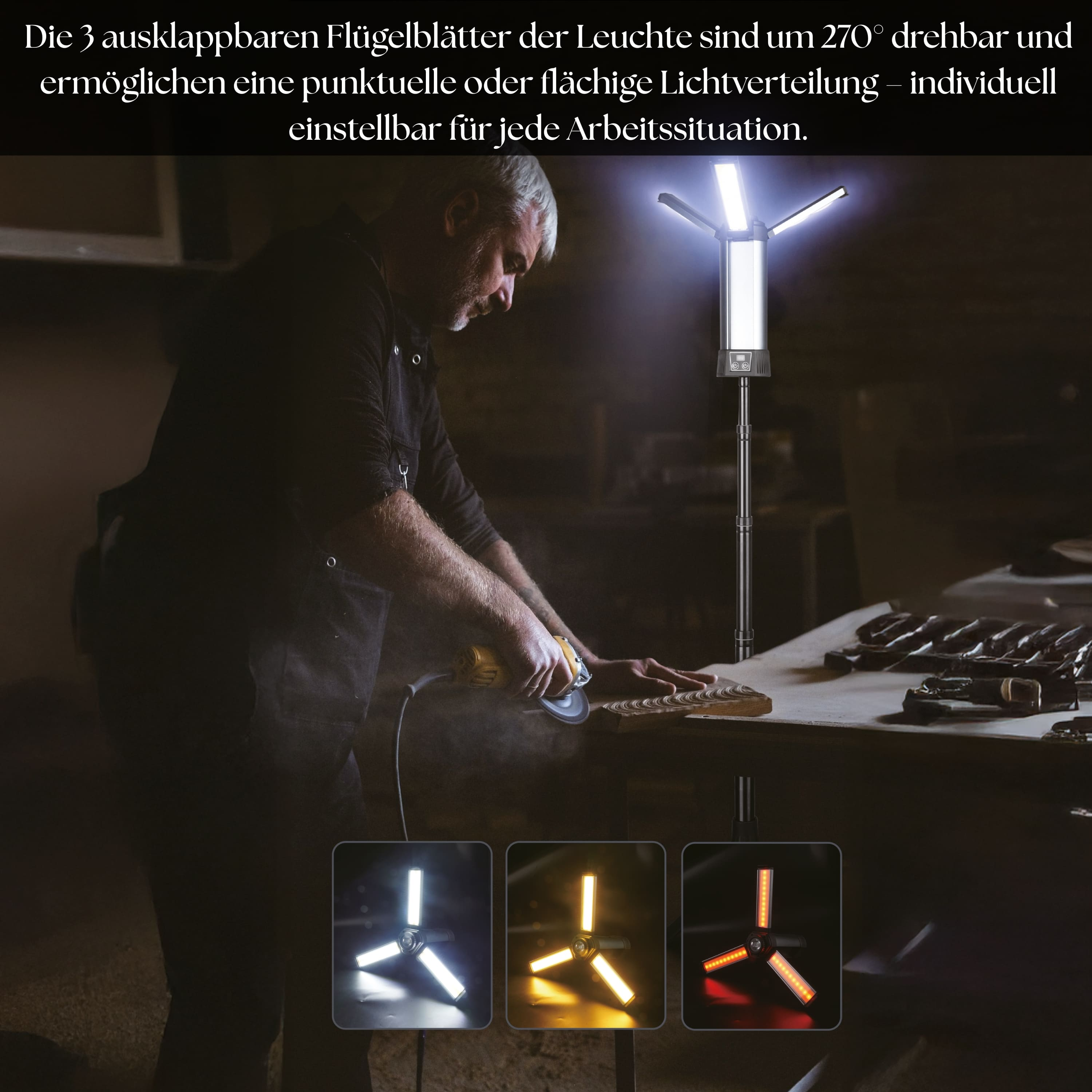 Mann arbeitet, Leuchte mit drei verstellbaren Paneelen über dem Tisch.