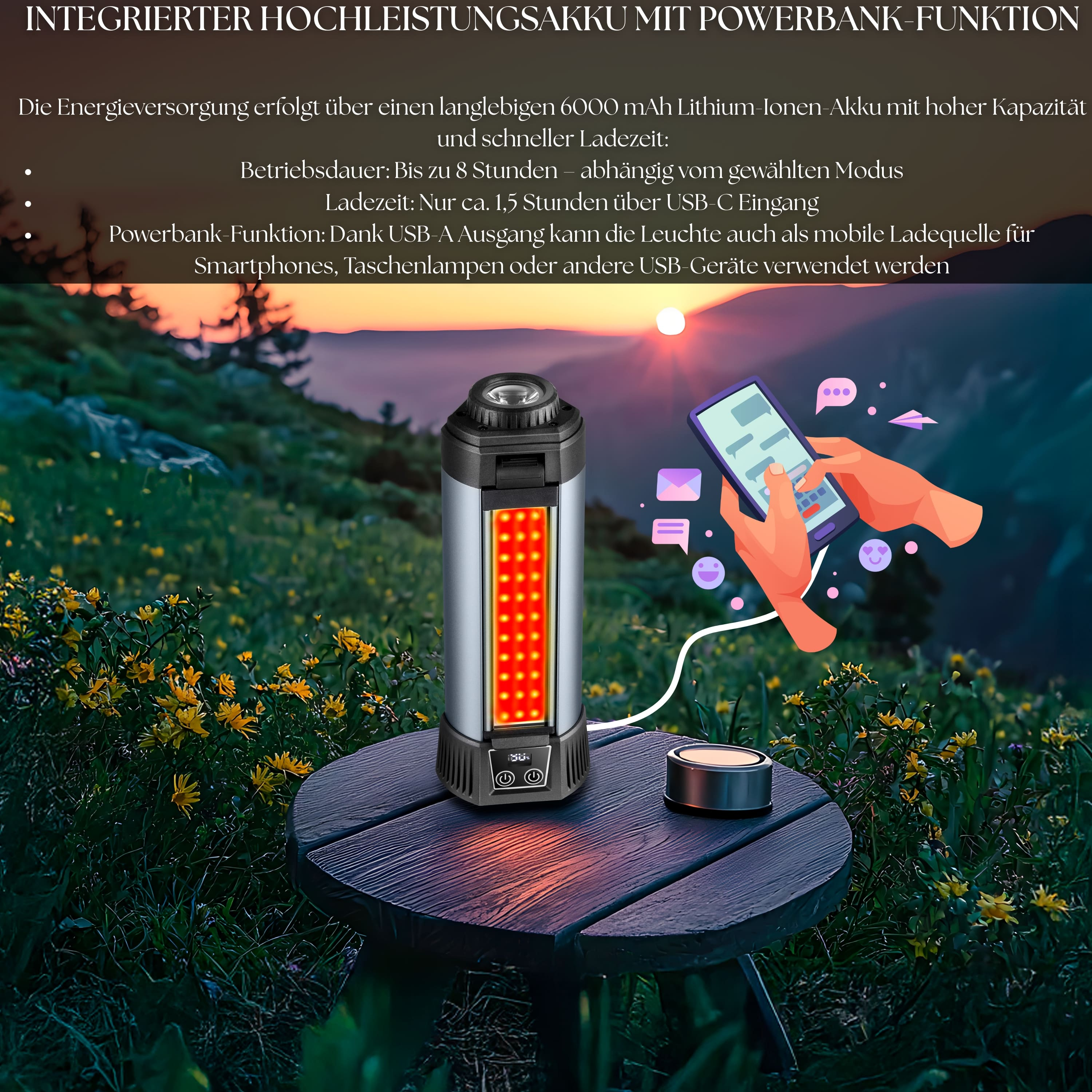 Silberne und schwarze Lampe auf einem Tisch mit einem Telefon, Berge im Hintergrund.