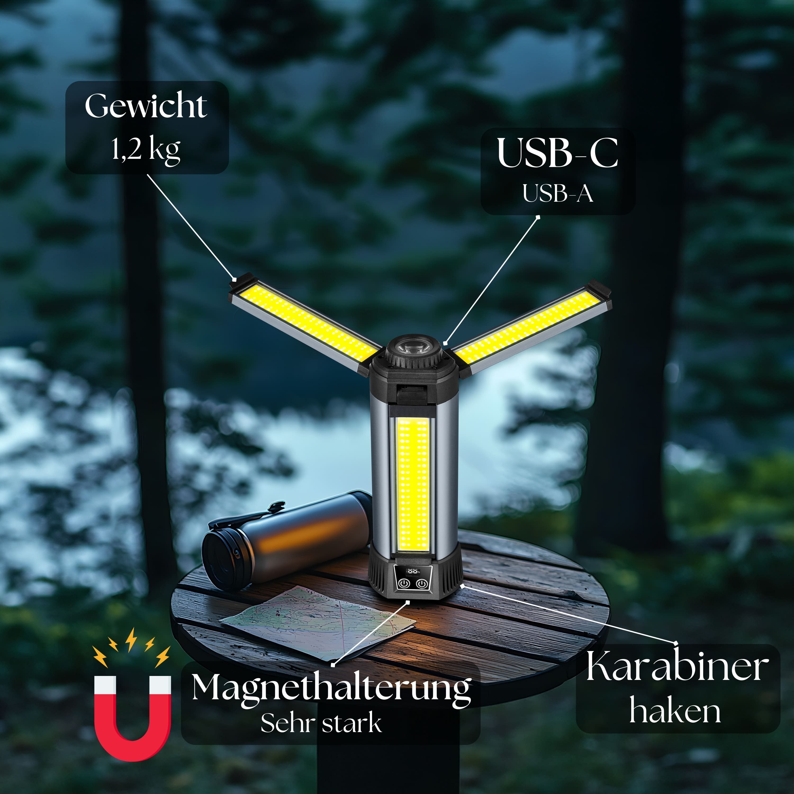 Laterne auf einem Tisch mit Karte und Thermoskanne. Pfeile zeigen auf Merkmale.