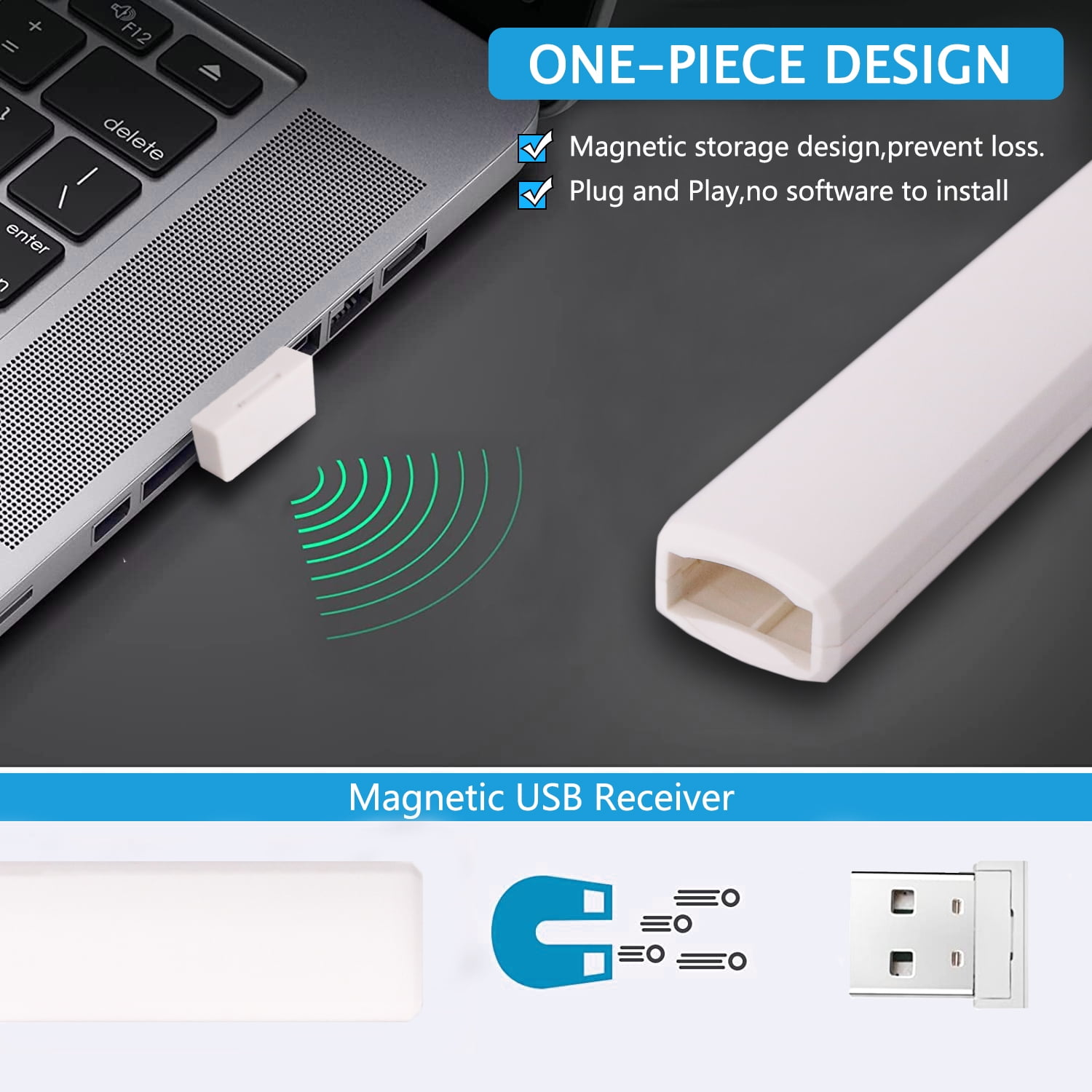 Weißer USB-Empfänger, der in einen Laptop eingesteckt ist, mit Diagrammen seiner Funktionen.