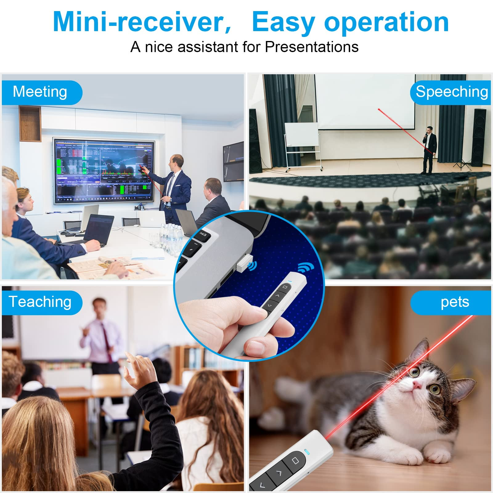 Präsentationsfernbedienung im Einsatz. Szenen: Meetings, Reden, Lehren und Katze mit Laser.
