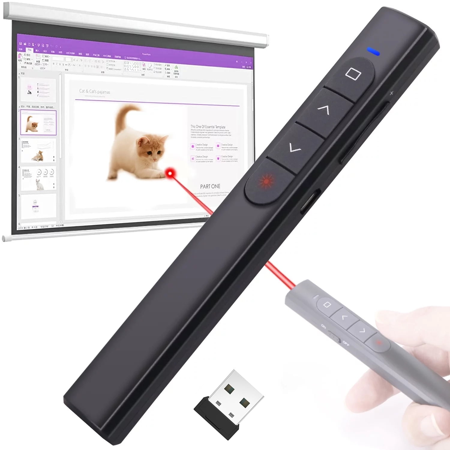 Eine schwarze Präsentationsfernbedienung mit Knöpfen, Laserpointer und USB-Dongle. Im Hintergrund ein Bildschirm.