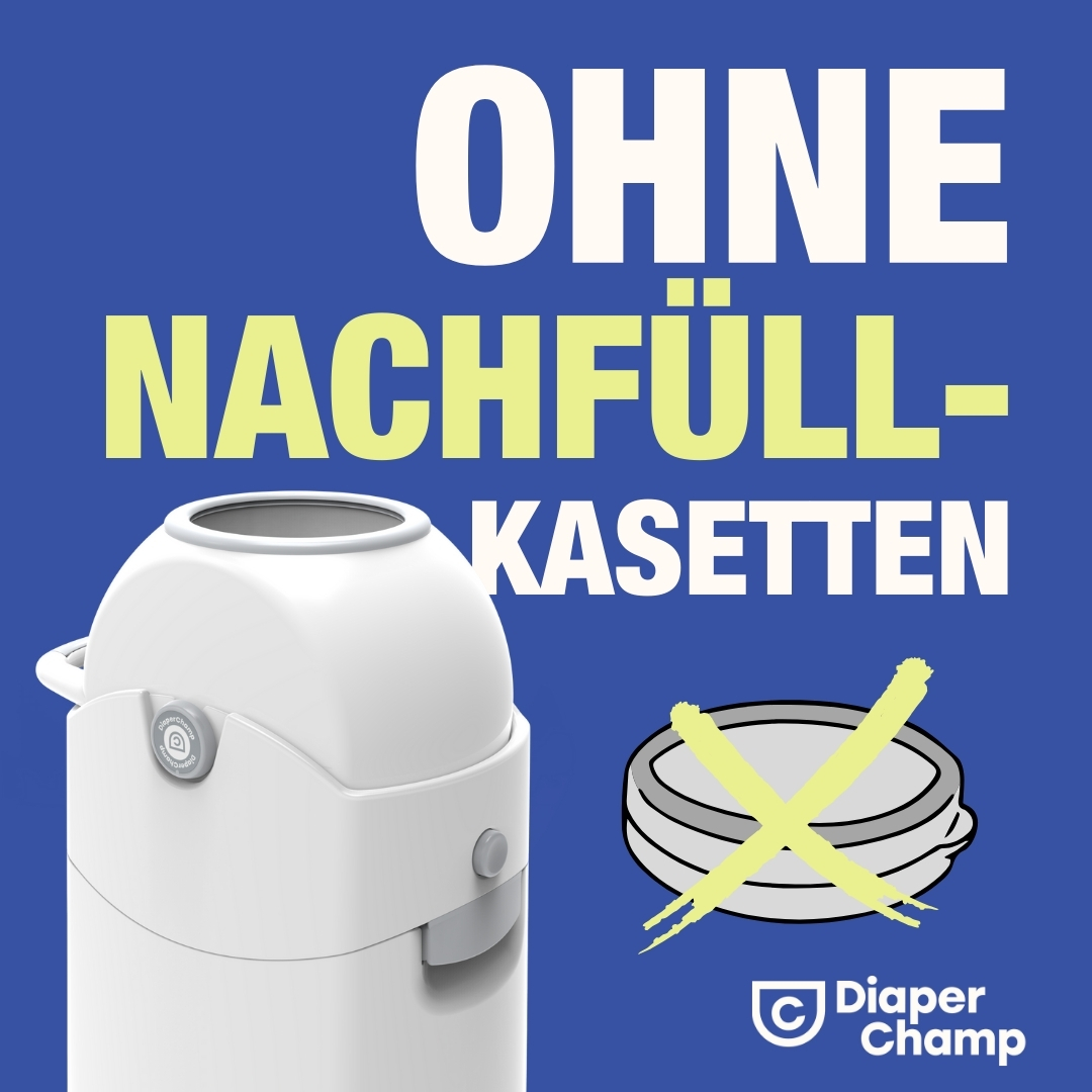 Weiße Windeleimer mit Text 'OHNE NACHFÜLL-KASSETTEN' und ein durchgestrichenes Bild einer Kassette.