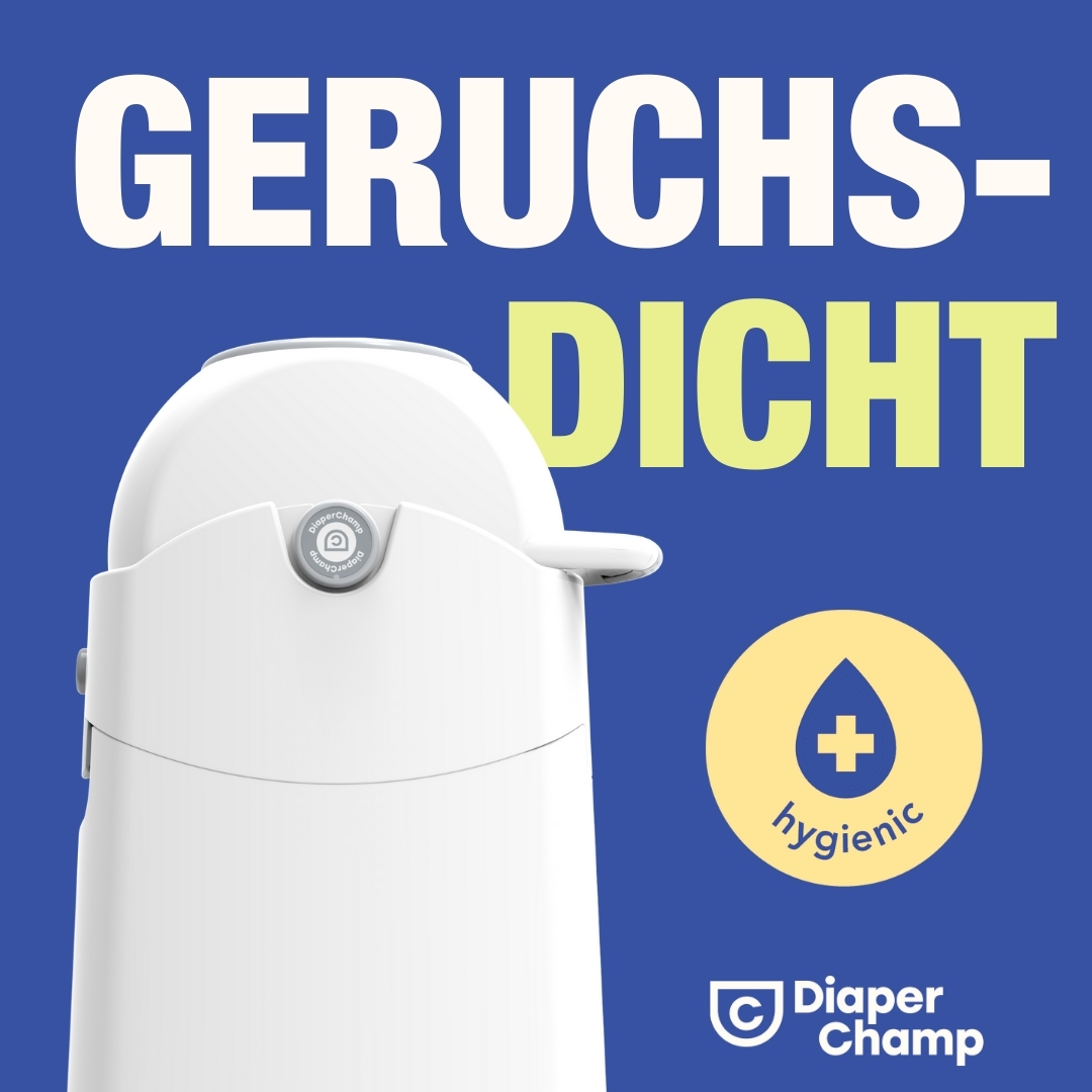 Weißer Windeleimer mit Text GERUCHS-DICHT, HYGIENIC, Diaper Champ Logo. Blauer Hintergrund, gelbe Akzente.
