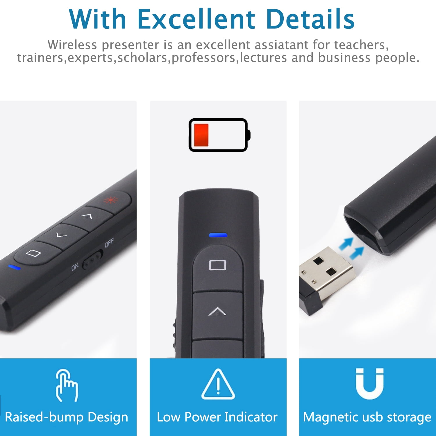 Drahtloser Präsentationsgerät mit erhabenem Design, niedriger Leistungsanzeige und magnetischer USB-Aufbewahrung.