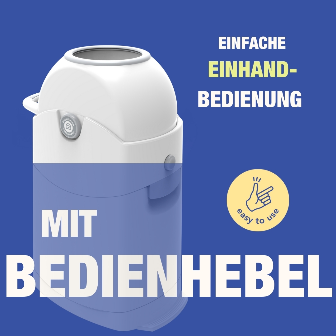 Weißer Behälter mit Text 'Einfache Einhandbedienung' und 'Mit Bedienhebel'. Einfach zu bedienen Symbol.