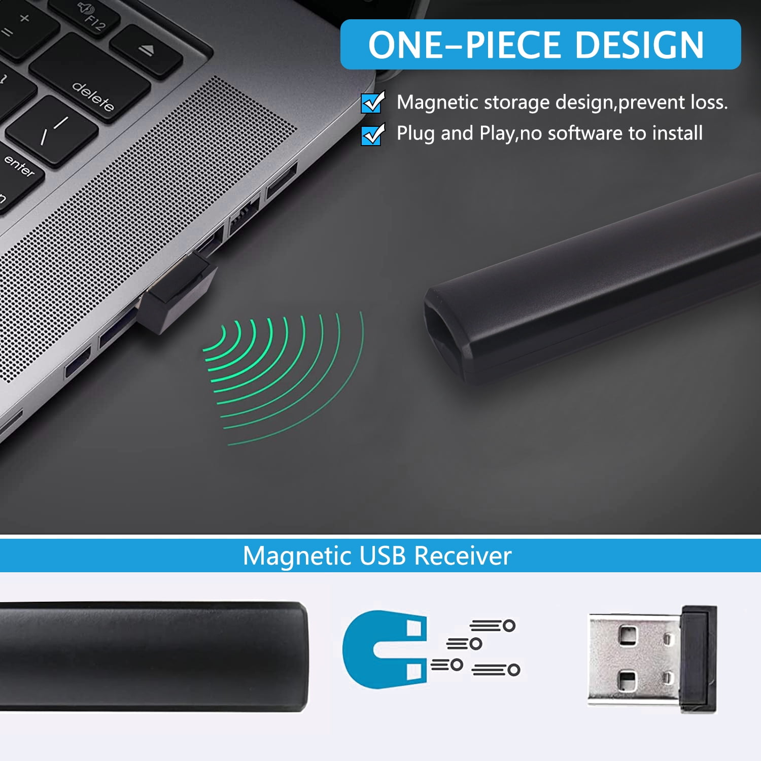 Ein magnetischer USB-Empfänger mit dem Text: Magnetic USB Receiver, mit USB-Anschluss und Diagramm.