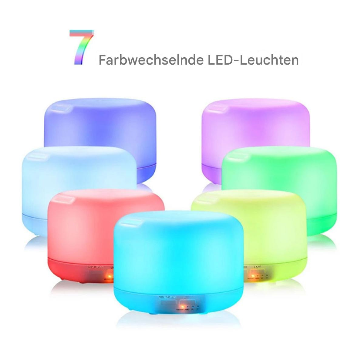 Sechs farbenfrohe, beleuchtete Luftdiffusoren. Jeder hat eine andere Farbe, mit dem Text '7 Farbwechselnde LED-Leuchten'.