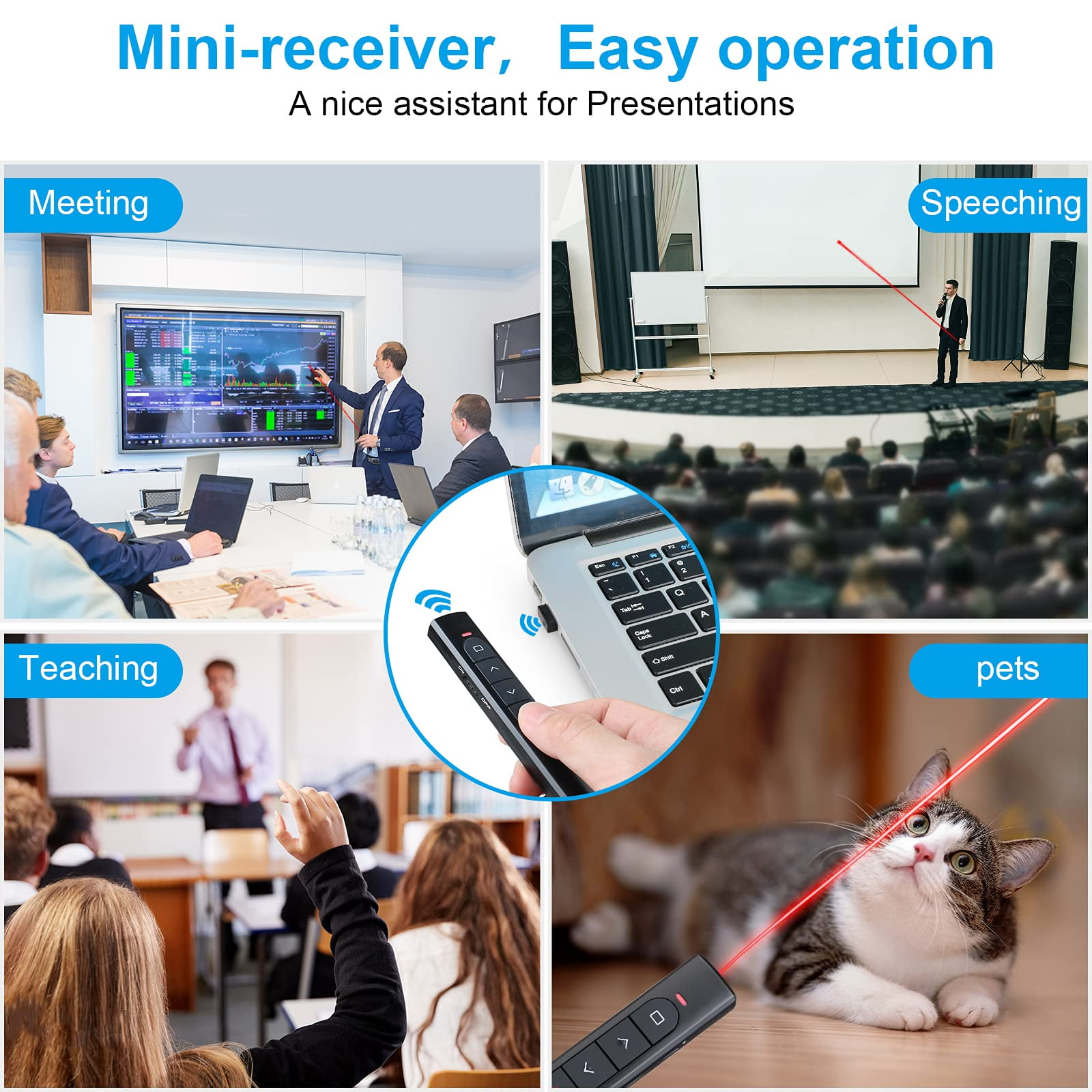 Ein Laserpointer mit Fernbedienung, mit vier Szenarien: Meeting, Rede, Lehre und Haustiere.