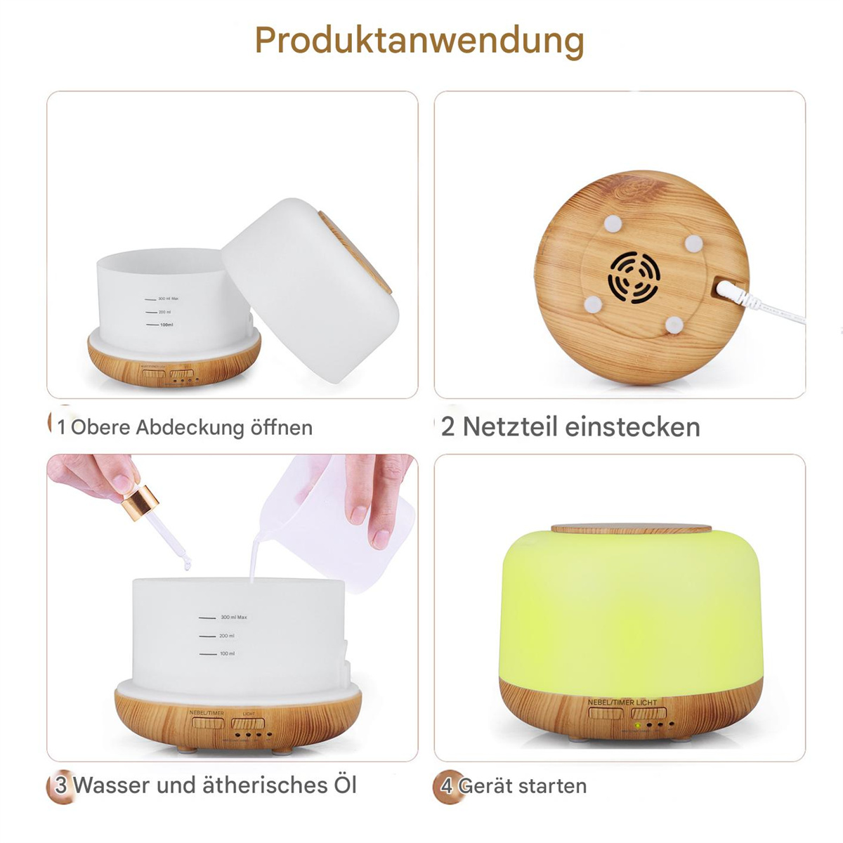 Diffusor mit Anleitung, Holzsockel und beleuchtetem Innenraum.