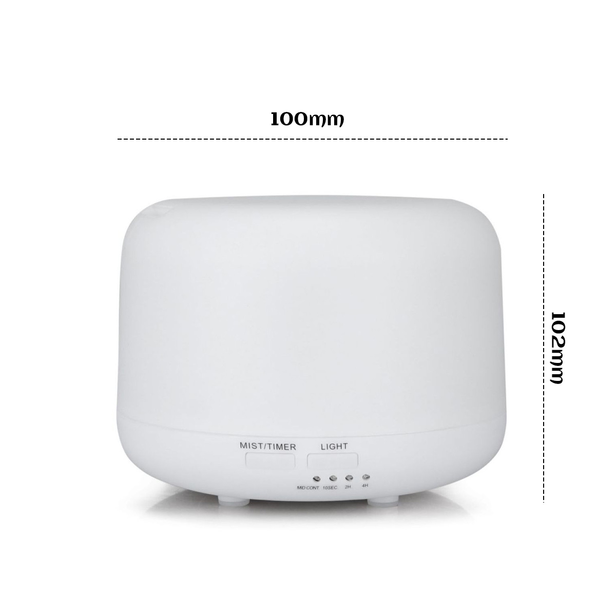 Ein weißer Diffusor für ätherische Öle mit den angegebenen Abmessungen '100 mm' und '102 mm'.