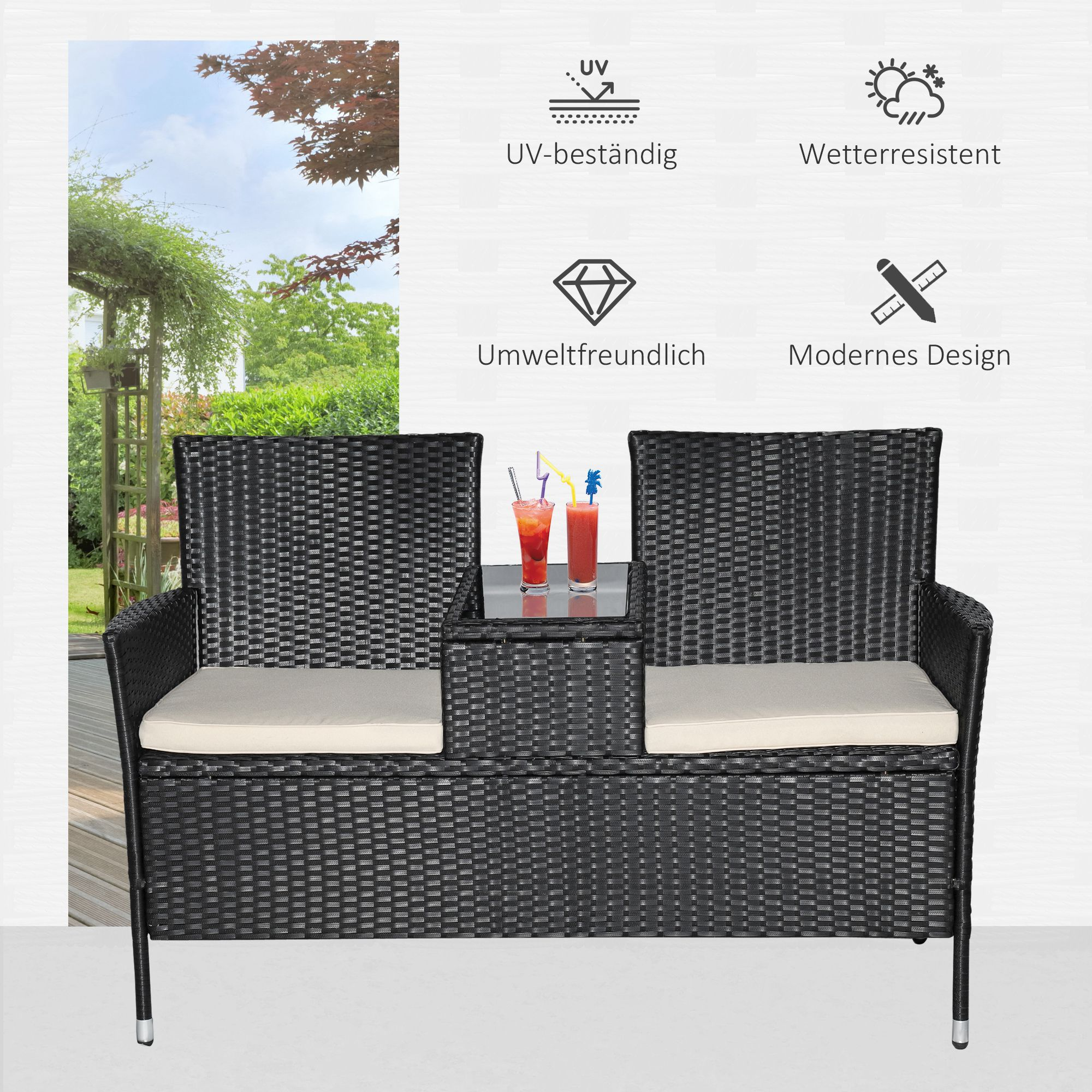 Schwarzes Outdoor-Möbelset aus Korbgeflecht. Enthält Sofa, Tisch und Kissen. Funktionen sind aufgelistet.