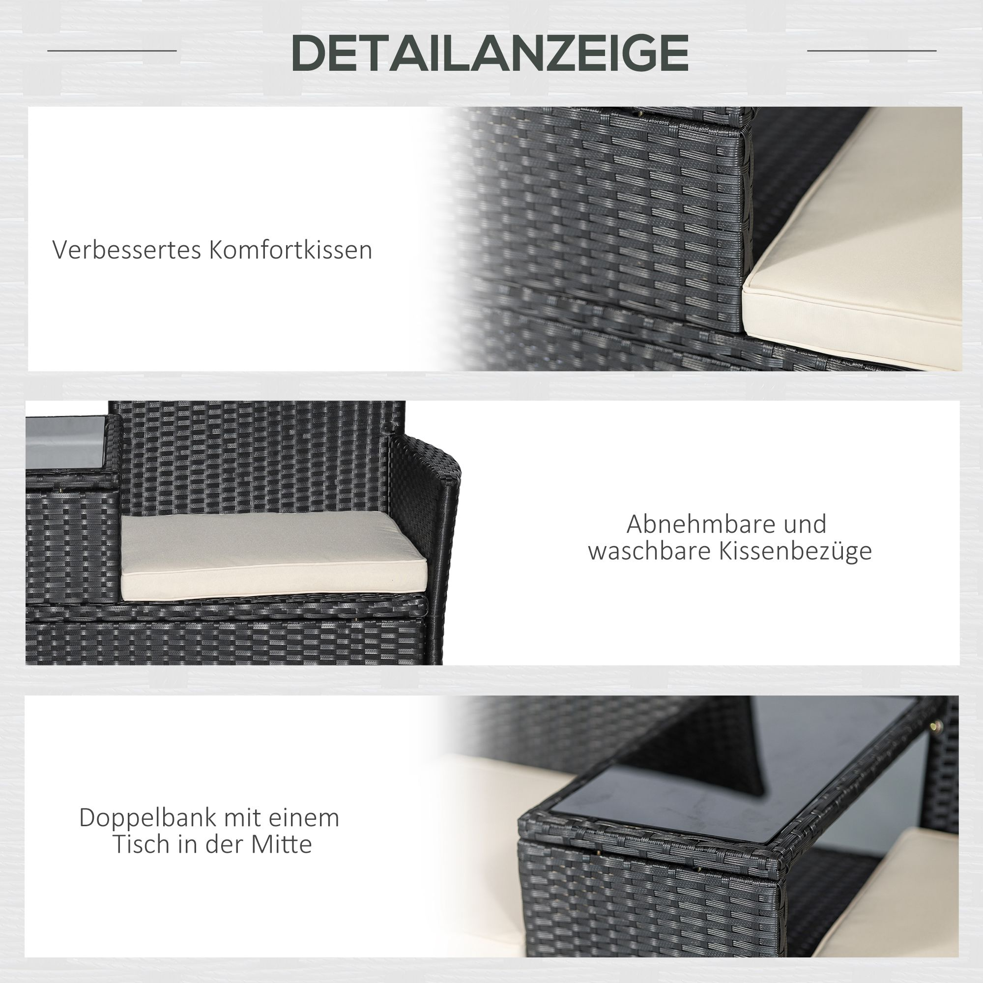 Nahaufnahmen eines schwarzen Korbs sofas mit Kissen. Der Text zeigt 