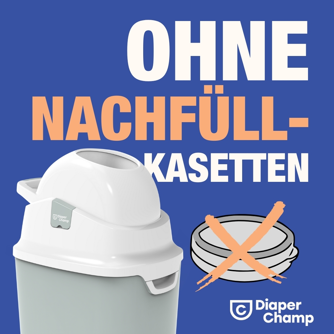 Weiß-grauer Windeleimer mit Deckel und blauem Hintergrund. Text: keine Nachfüllkassetten.