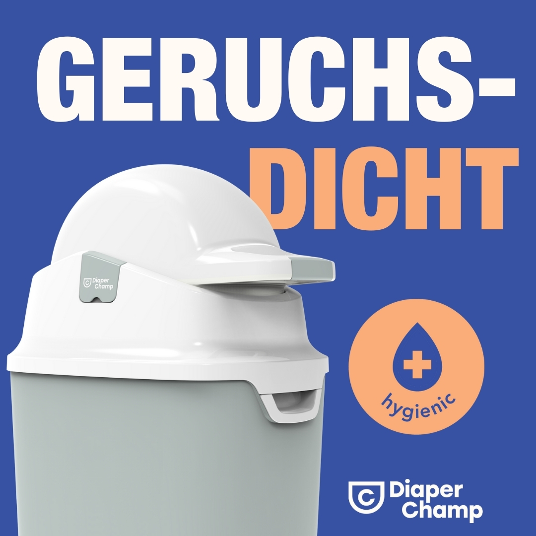 Weiß-grauer Windeleimer mit Text 'GERUCHSDICHT' auf blauem Hintergrund.