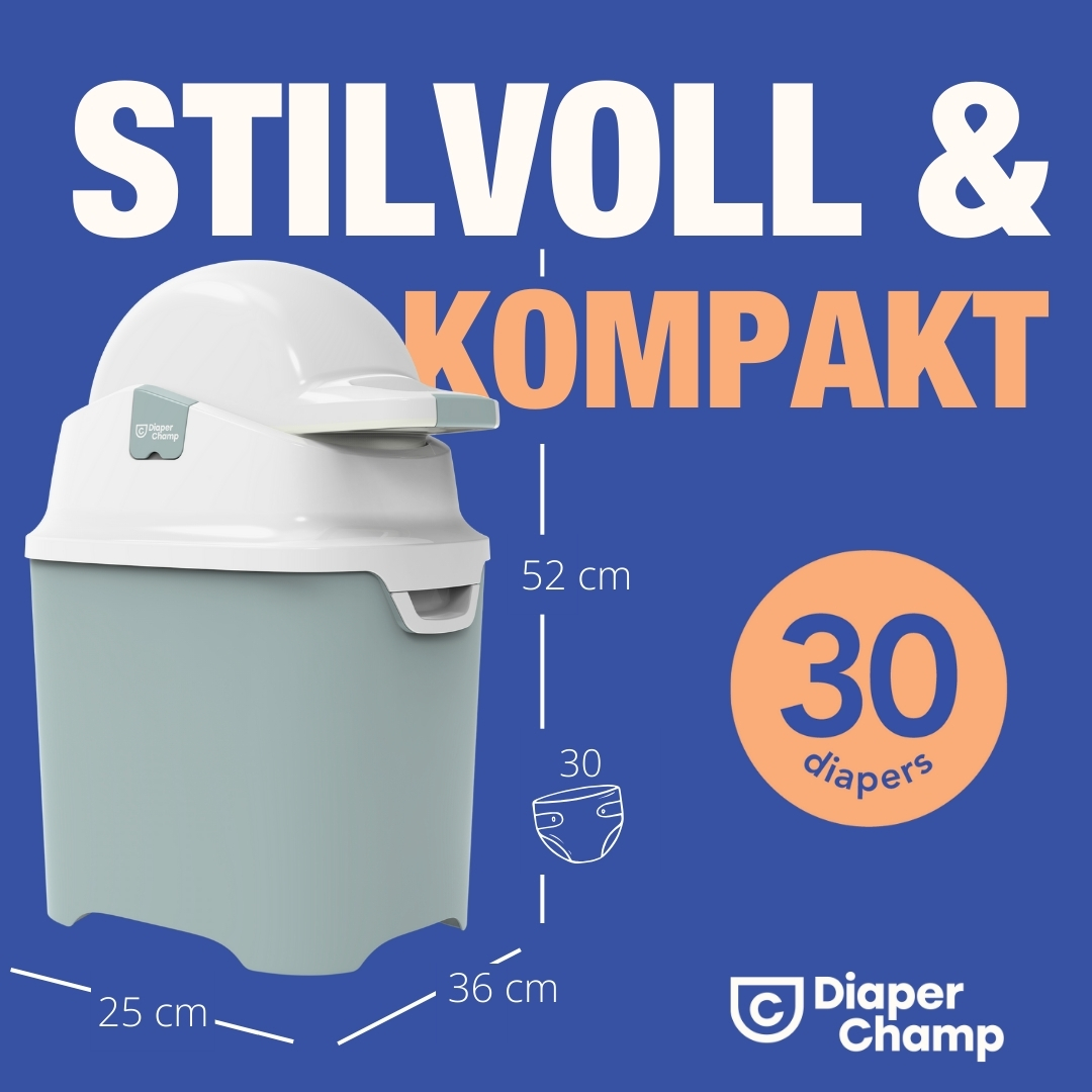 Windelentsorgungseinheit. Blau und weiß, mit Maßen und Text: „30 Windeln“, „stilvoll & kompakt“.