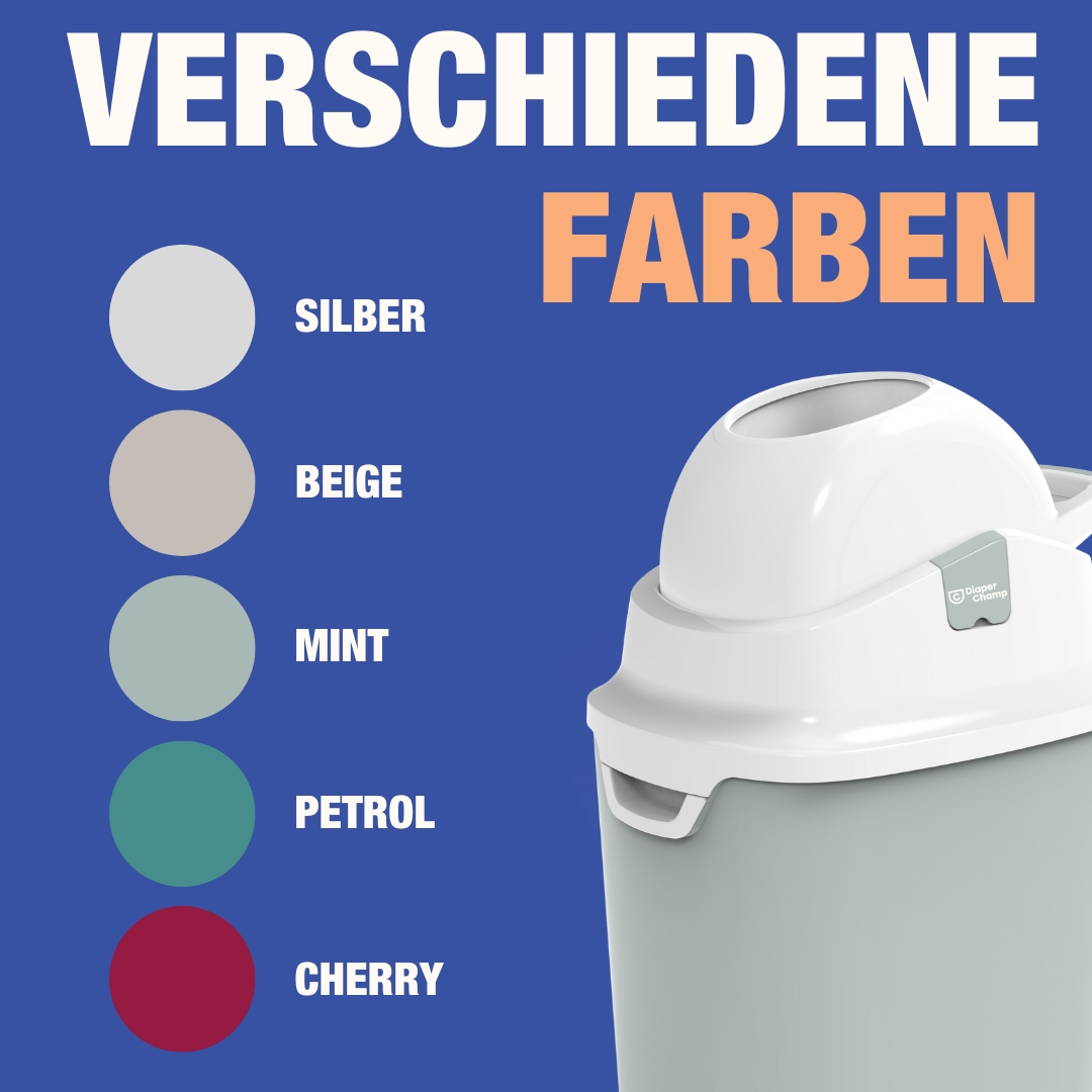 Nahaufnahme eines Mülleimers mit Farboptionen: Silber, Beige, Mint, Petrol und Kirsche.