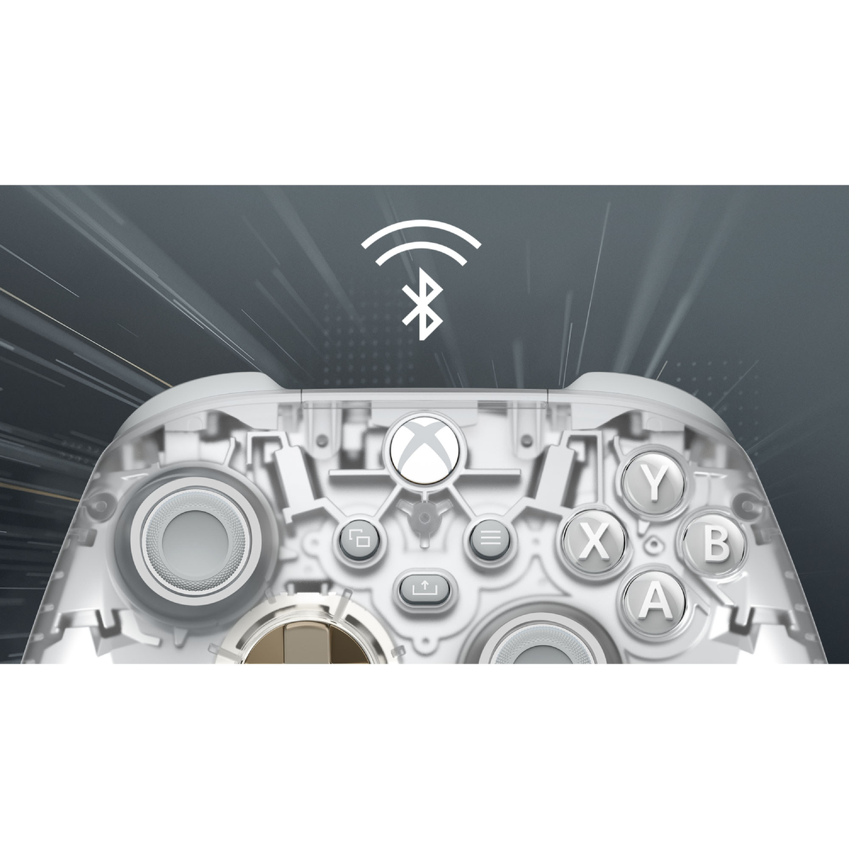 Primo piano di un controller Xbox trasparente con un simbolo Bluetooth. Dettagli bianchi e oro visibili.