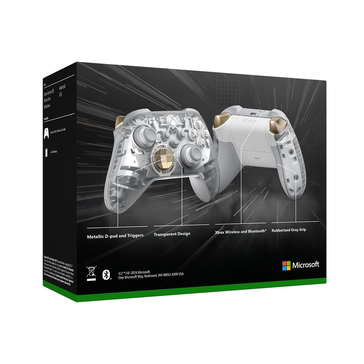 Scatola del controller Xbox: controller trasparente, D-pad metallico, impugnatura grigia.