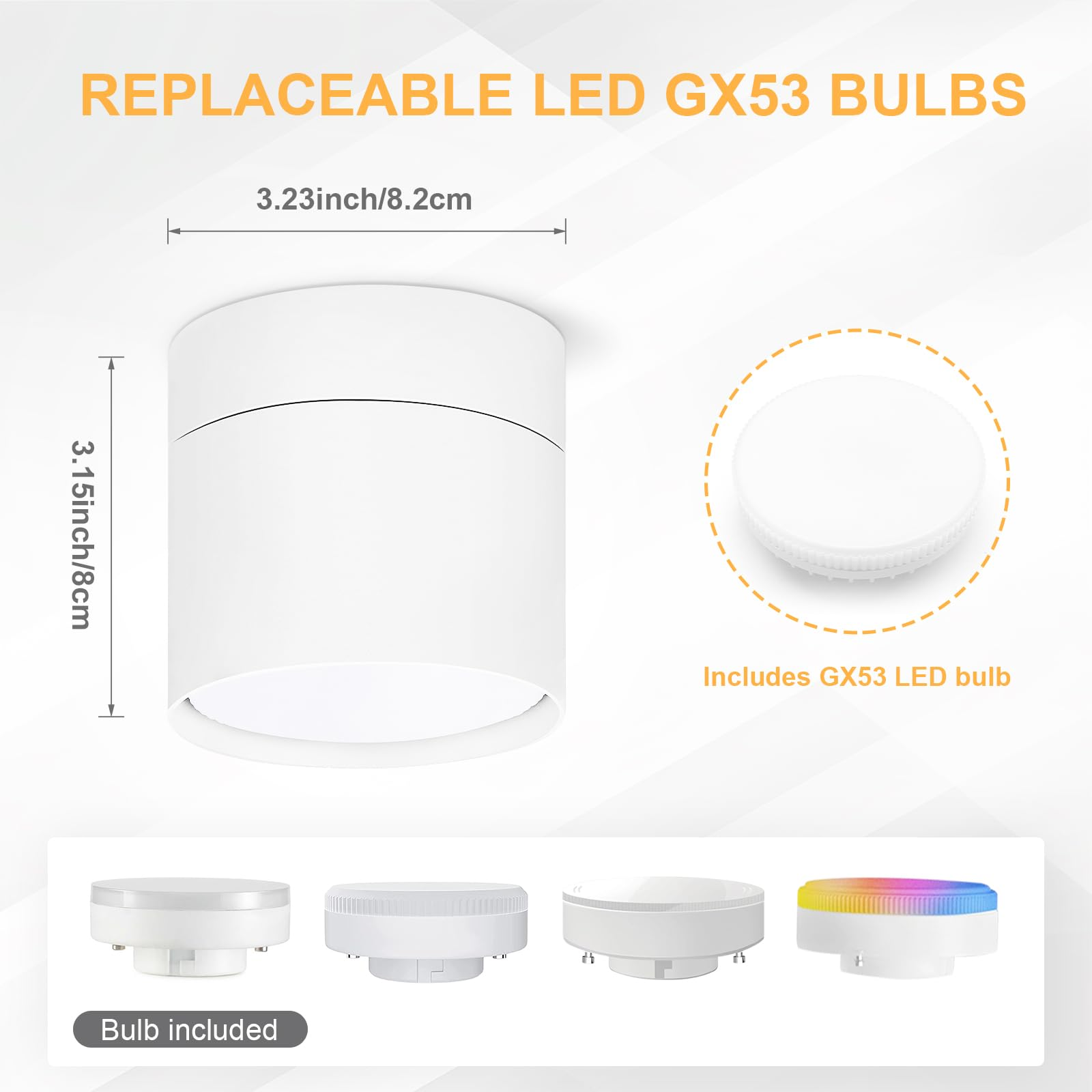 Weißer zylindrischer Leuchtkörper mit Abmessungen. Enthält eine GX53 LED-Glühbirne. Weiß, mit Maßen.