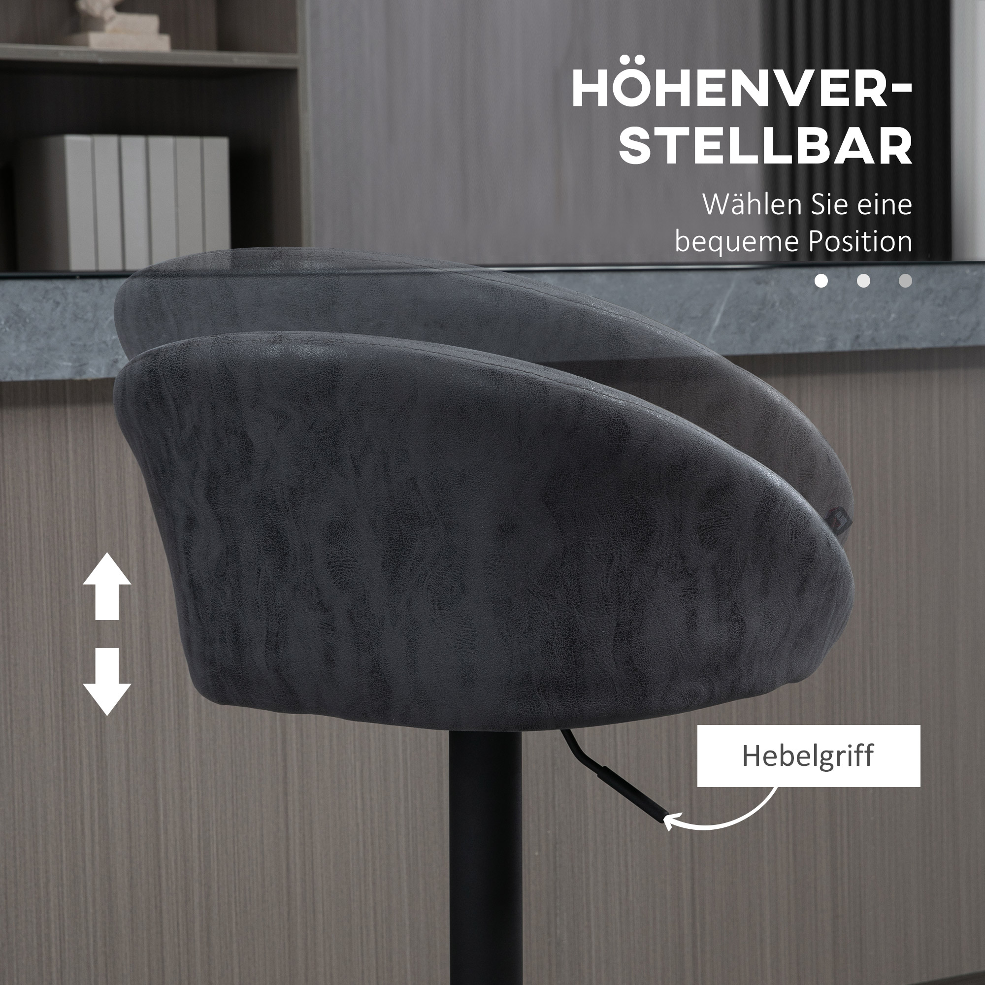 Ein dunkelgrauer, verstellbarer Barhocker mit Griff an der Seite, vor hellem Hintergrund.