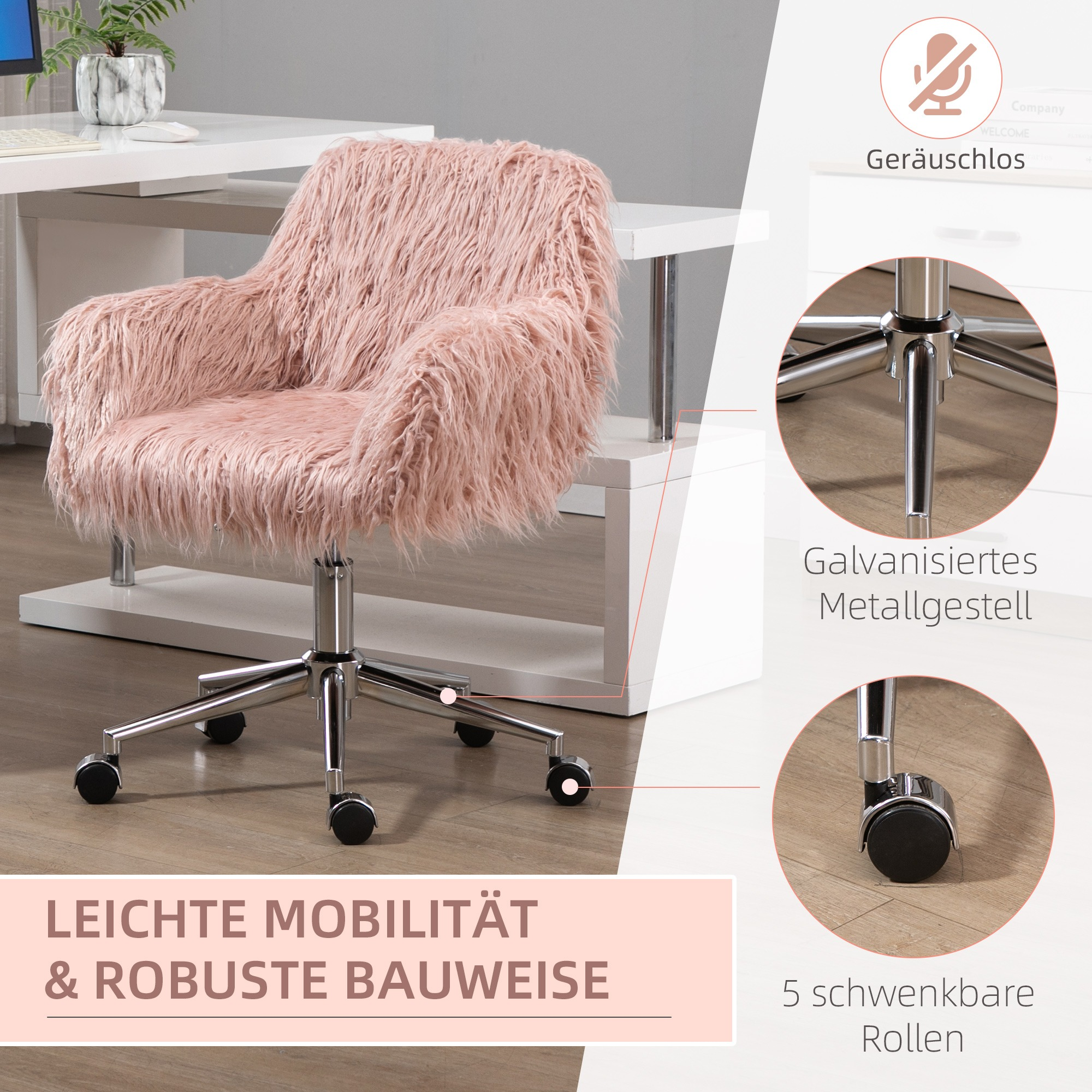 Rosa, flauschiger Bürostuhl mit Chromfuß und Rollen. Weißer Schreibtisch im Hintergrund.