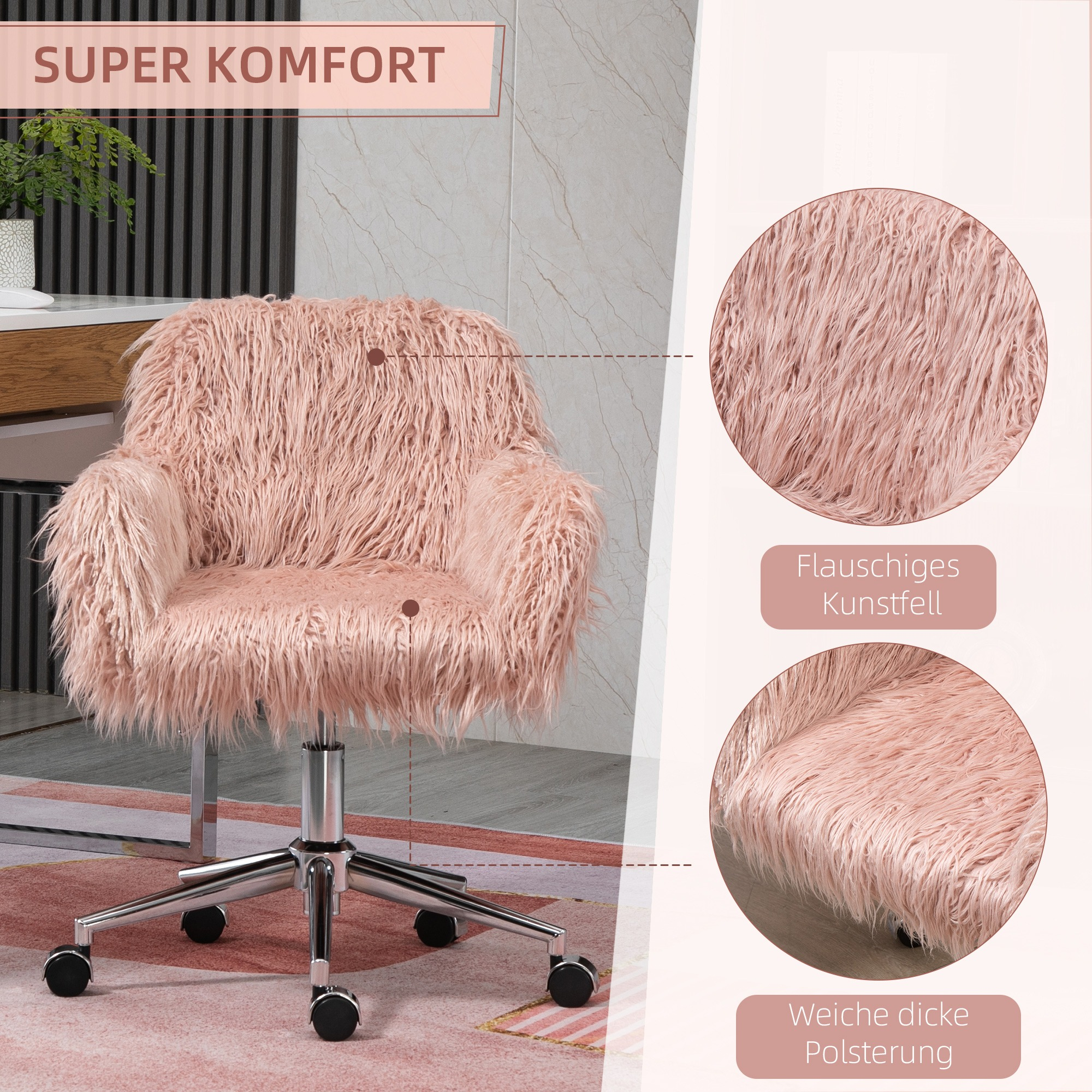 Ein pinkfarbener, flauschiger Bürostuhl mit silbernem Gestell. Nahaufnahmen zeigen die Fell- und Polsterdetails.