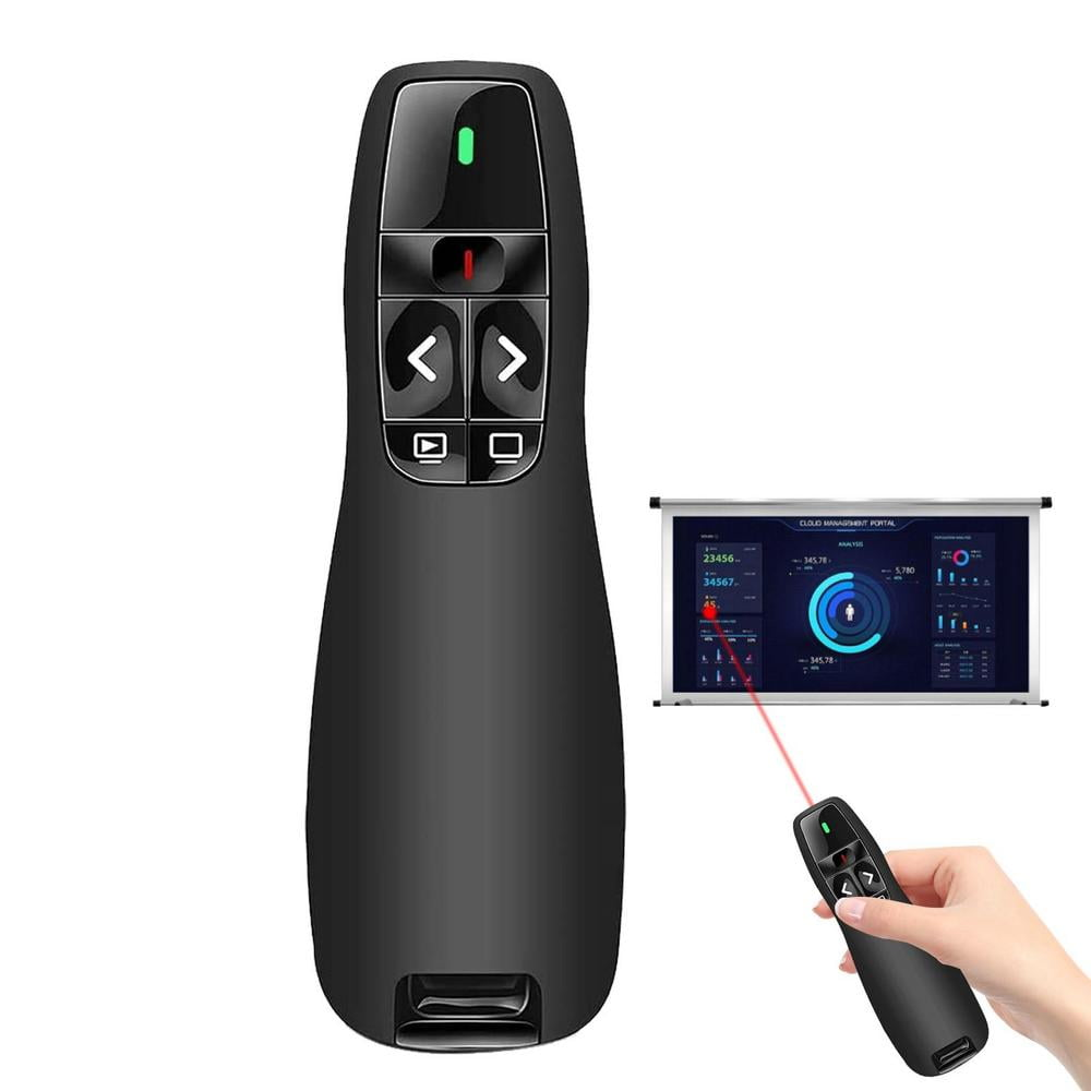 Eine schwarze Präsentationsfernbedienung mit Tasten und Laserpointer. Eine zweite Fernbedienung in der Hand und der Bildschirm.