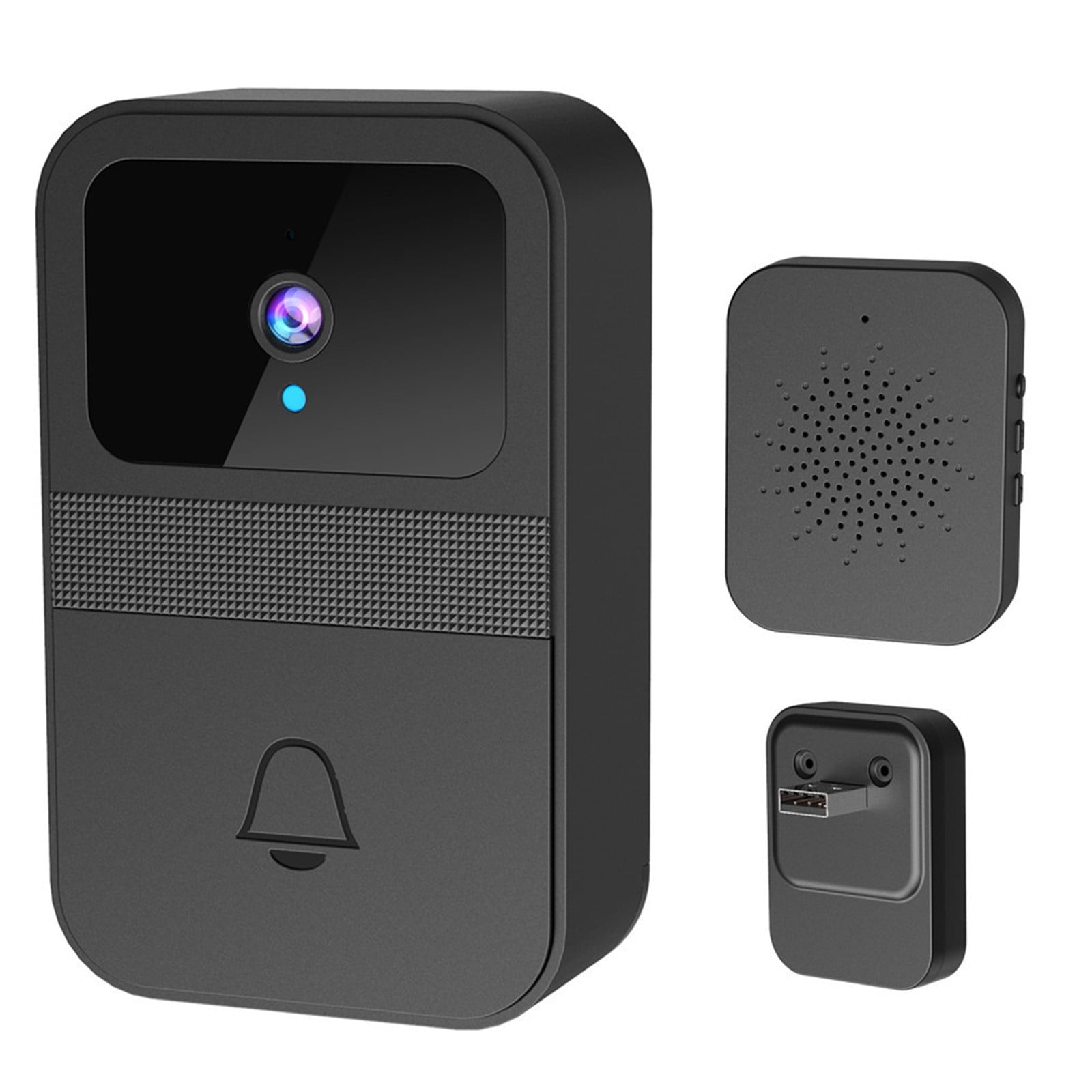 Schwarze intelligente Türklingel mit Kamera, Lautsprecher und Ladestation. Klingel-Icon vorne.