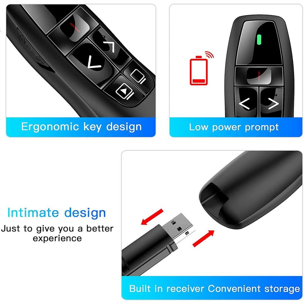 Schwarze Präsentationsfernbedienung mit Symbolen und Beschriftungen. USB-Empfänger zur Aufbewahrung.