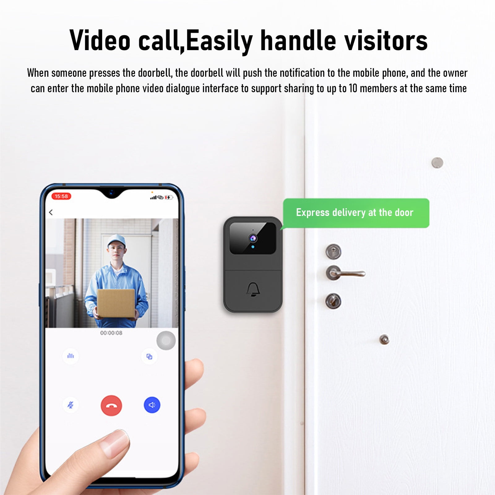 Eine Person telefoniert per Videoanruf auf einem Smartphone. Eine Zustellperson ist auf dem Telefonbildschirm zu sehen.