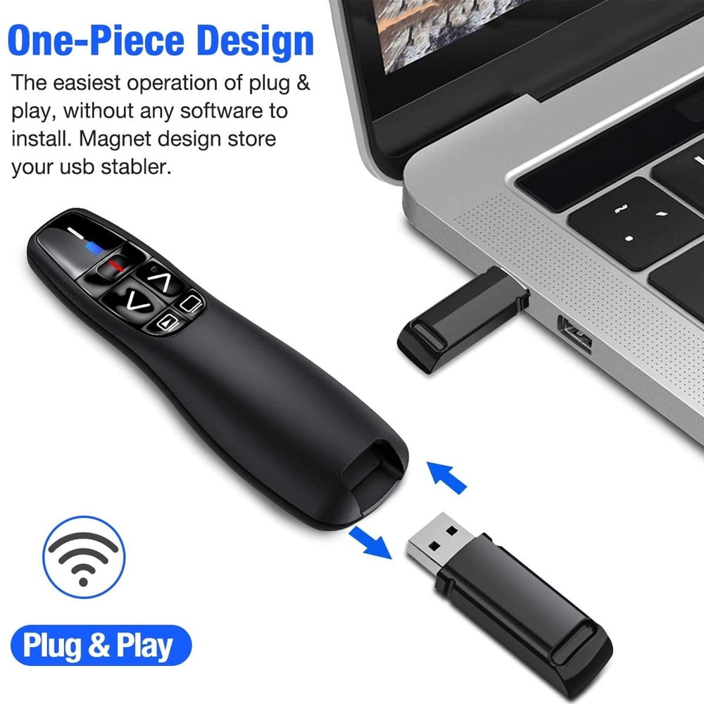 Schwarze Präsentationsfernbedienung mit USB-Empfänger und einem Laptop mit USB-Anschluss-Illustration.