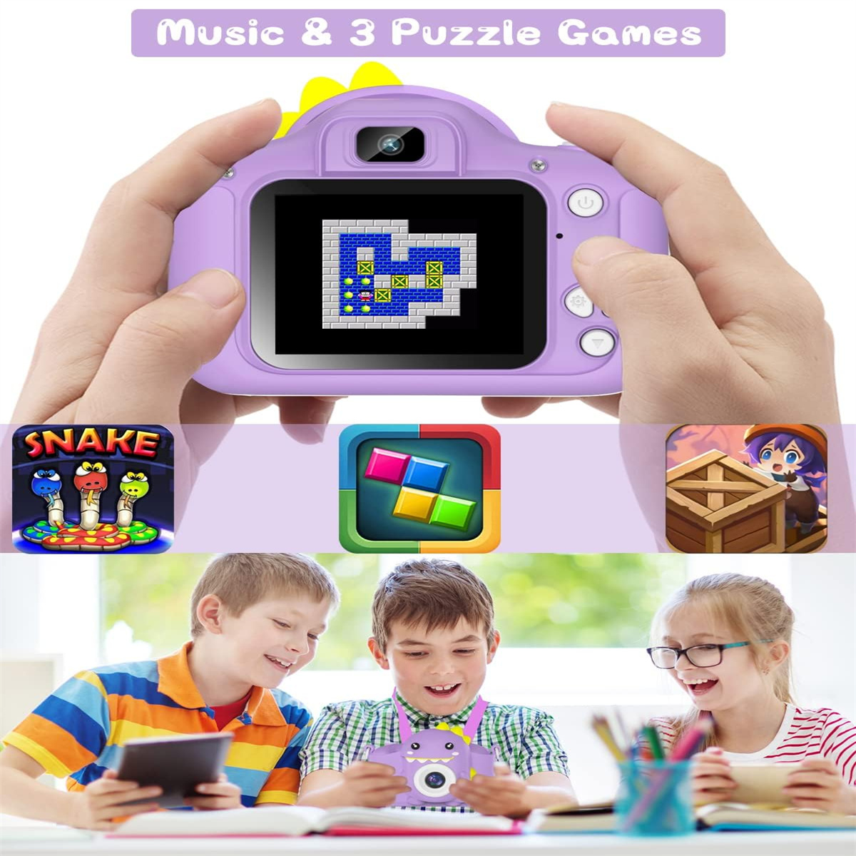 Kinderkamera mit Spielanzeige und drei Kindern. Spiele: Schlange, Puzzle und Labyrinth.