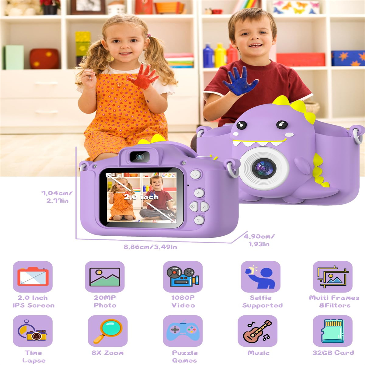 Zwei Kinder mit handbemalten Händen, Kamera und Symbolen, die eine Digitalkamera für Kinder zeigen.