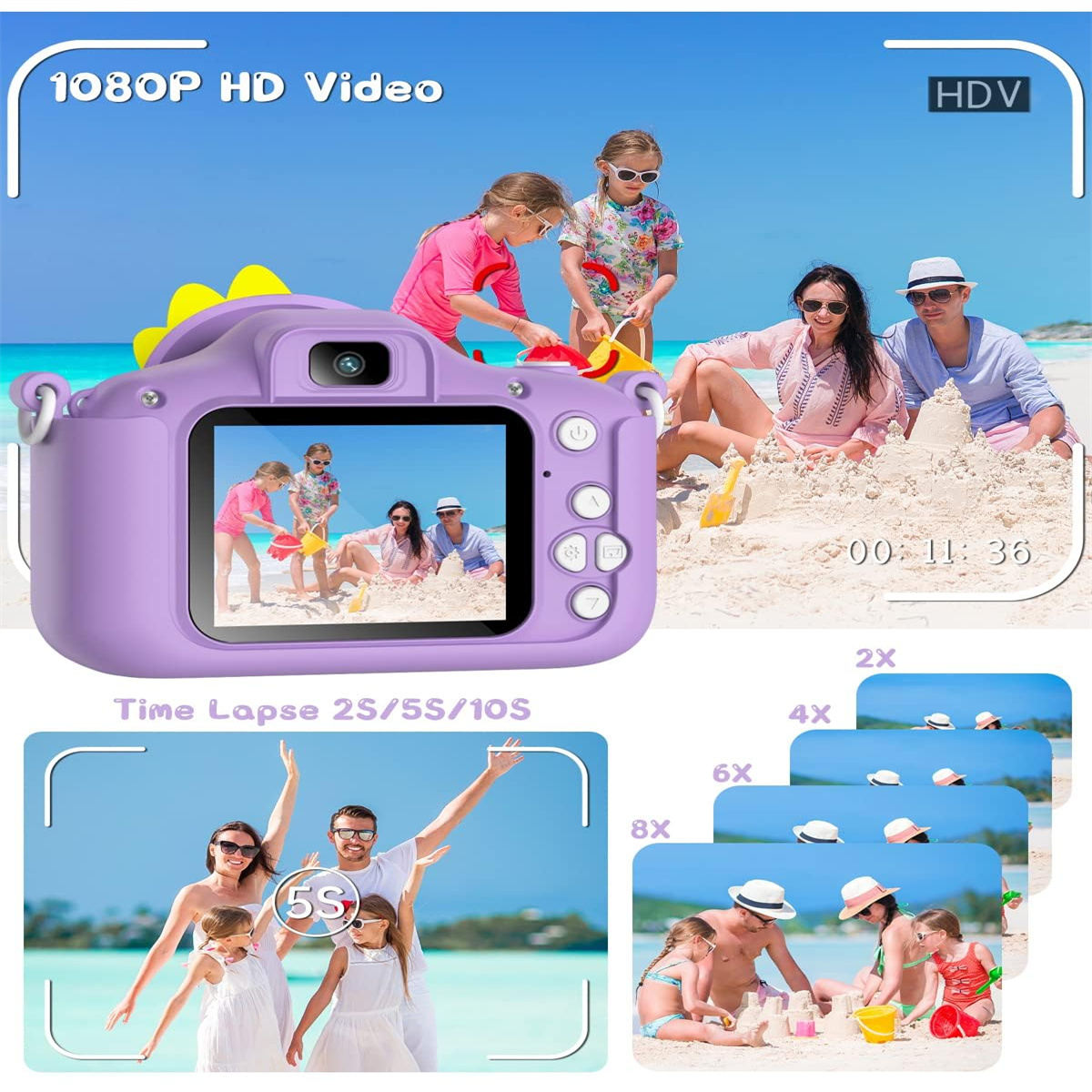Lila Kinderkamera mit Strand-Szene im Display. Menschen am Strand. Zeitraffer-Bilder.