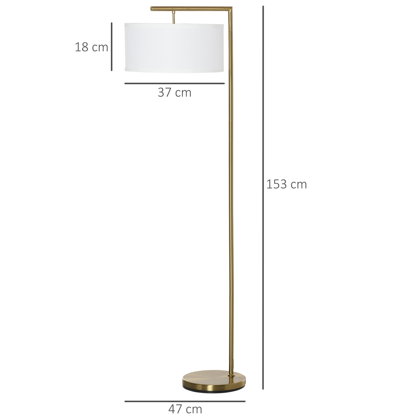 Goldene Stehlampe mit weißem Lampenschirm. Abmessungen: 153 cm hoch, 37 cm breit und 47 cm Sockel.