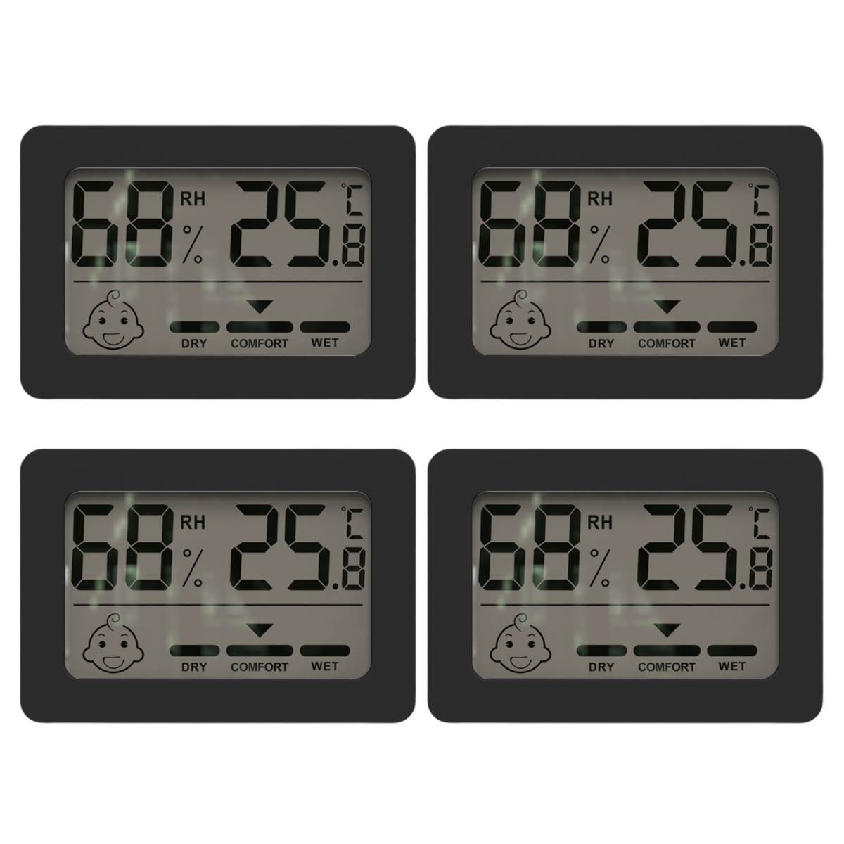 Vier digitale Thermometer mit 68% RH, 25,8 und verschiedenen Beschriftungen auf schwarzem Hintergrund.