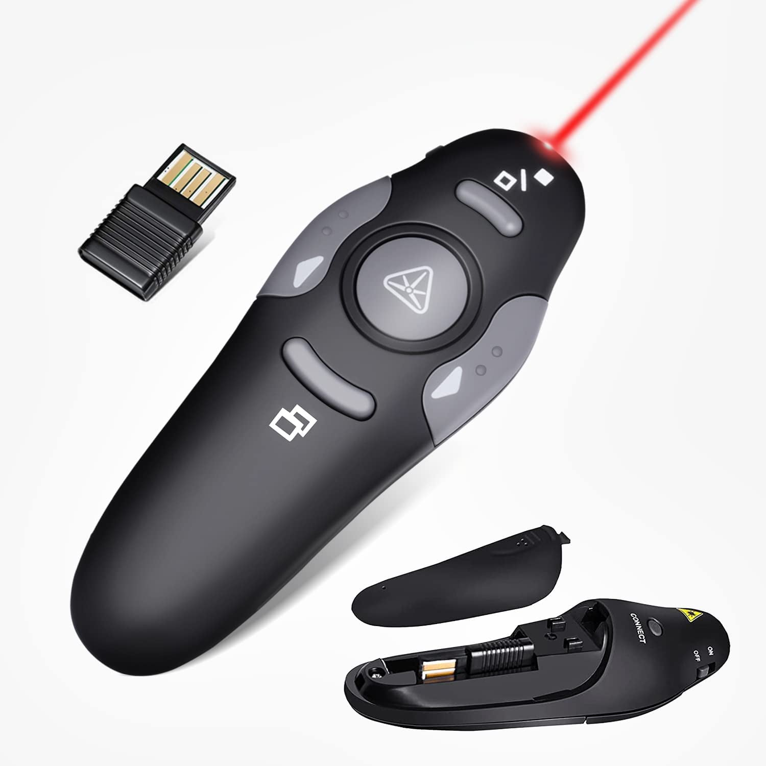 Eine schwarze Präsentationsfernbedienung mit rotem Laserpointer, USB-Dongle und offenem Batteriefach. Weißer Hintergrund.