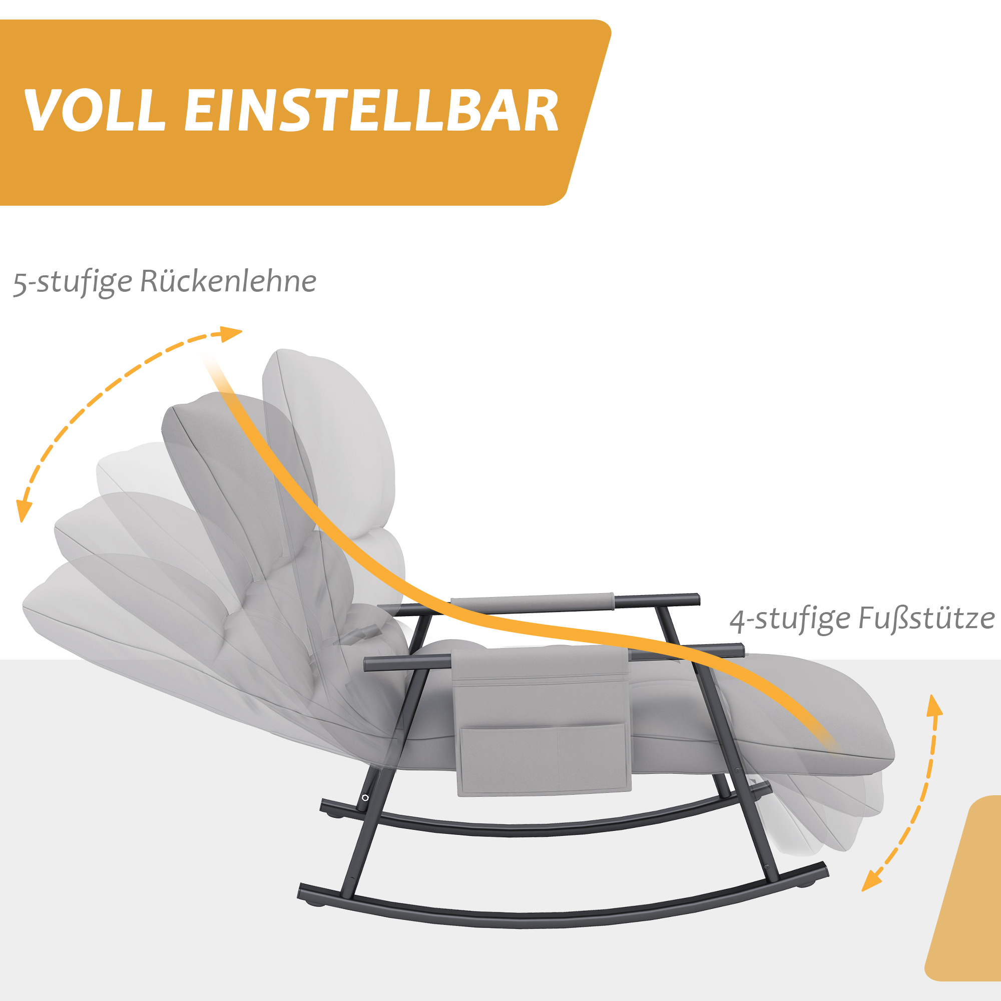 Liegestuhl mit verstellbarer Rückenlehne und Fußstütze, verschiedene Positionen.