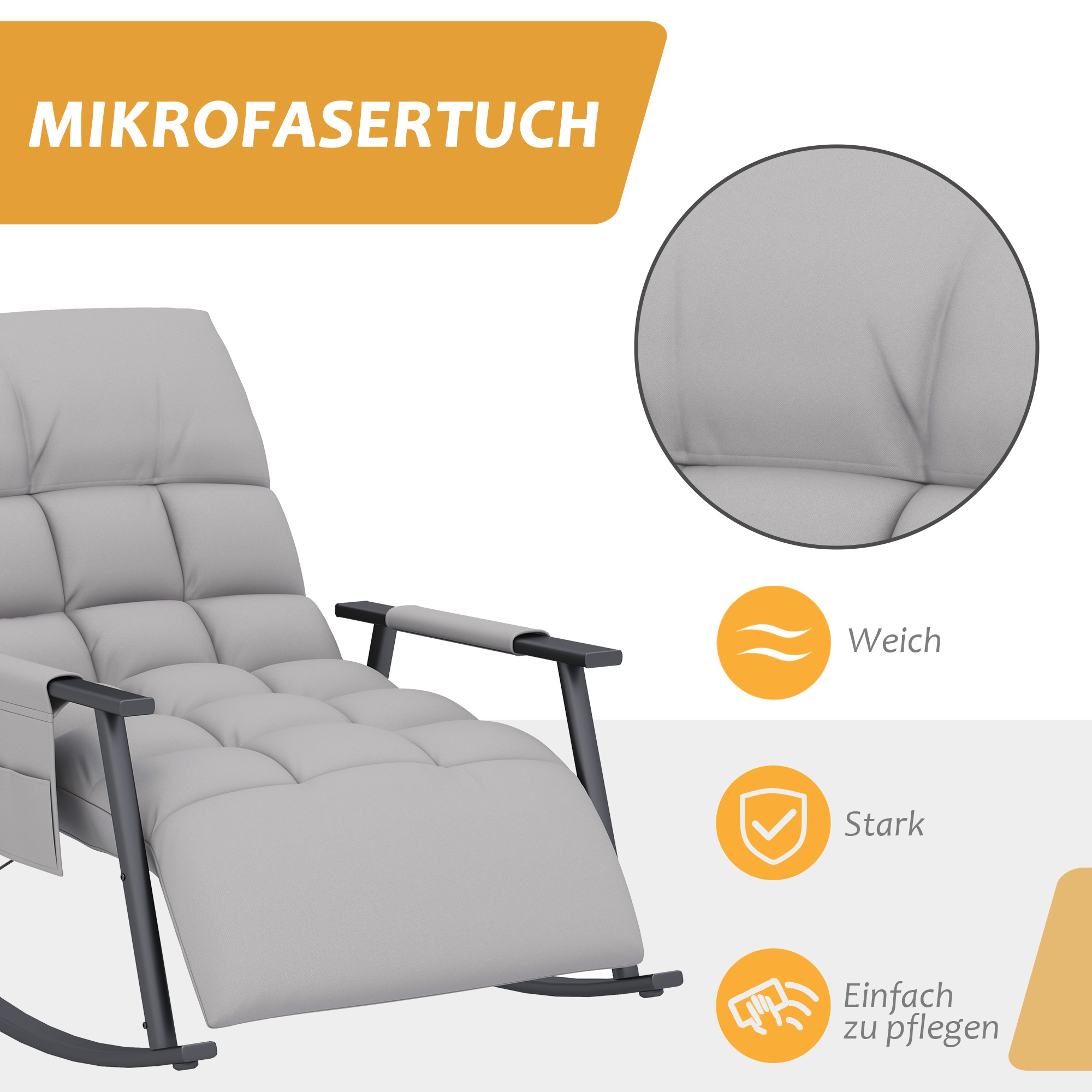 Ein grauer Relaxsessel mit einem Mikrofasertuch in der Ecke und Textbeschriftungen.