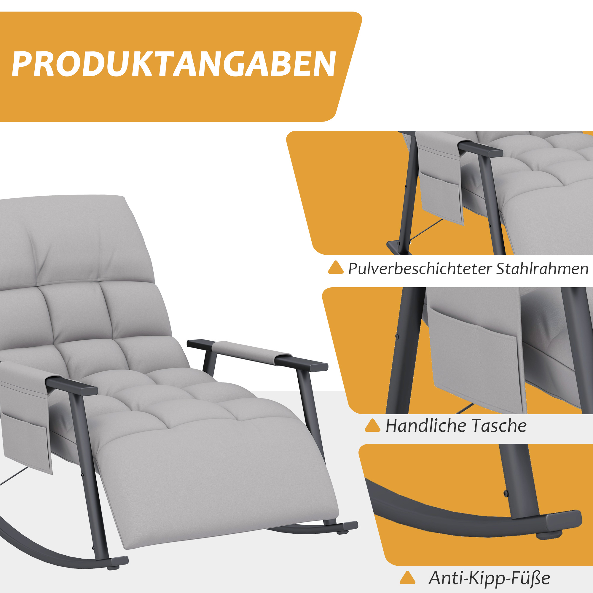 Grauer Schaukel-Liegesessel mit Kissen und Armlehnen, mit Produktdetails.