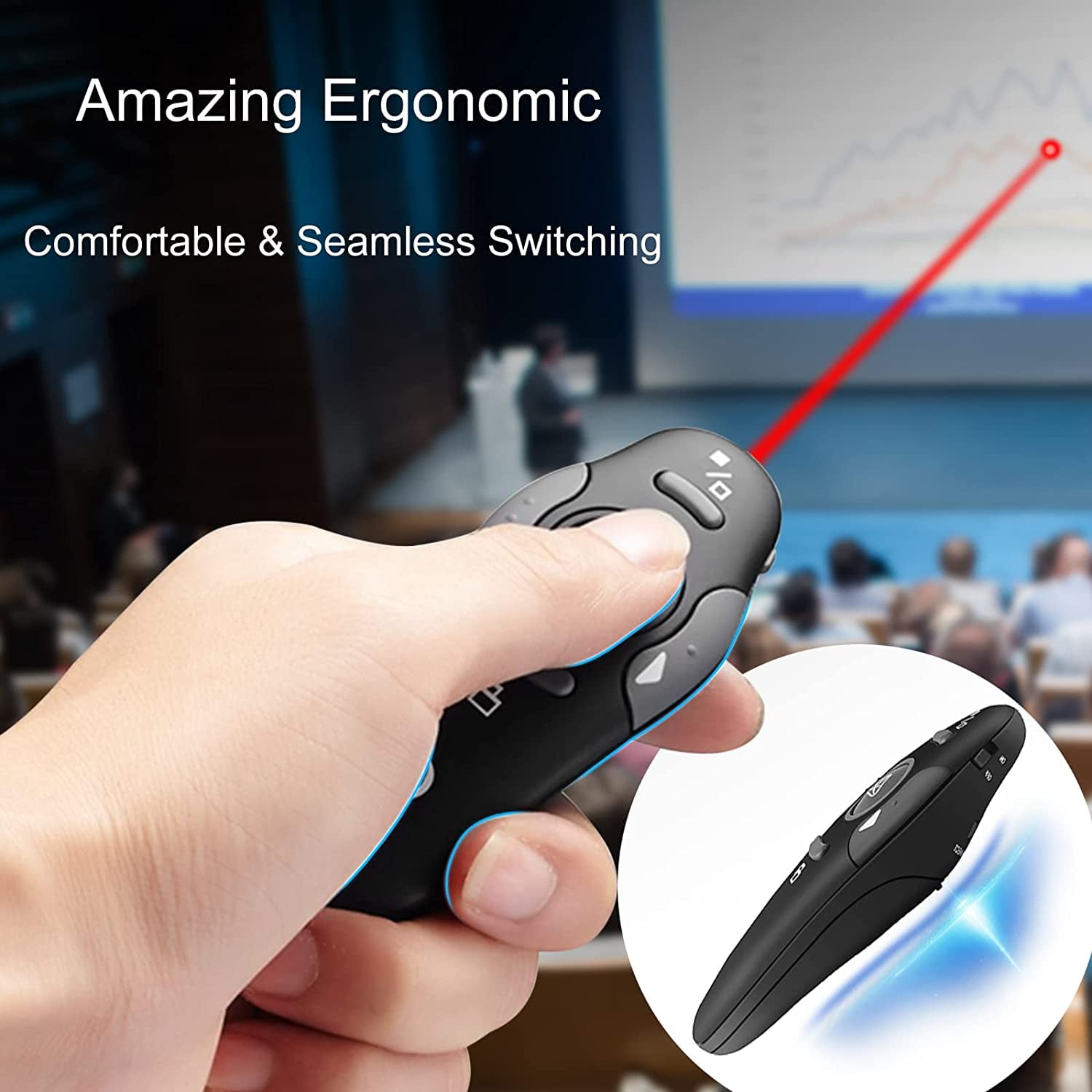 Eine Hand, die eine schwarze Fernbedienung hält, mit einem roten Laserpointer, der auf einen Bildschirm zeigt.