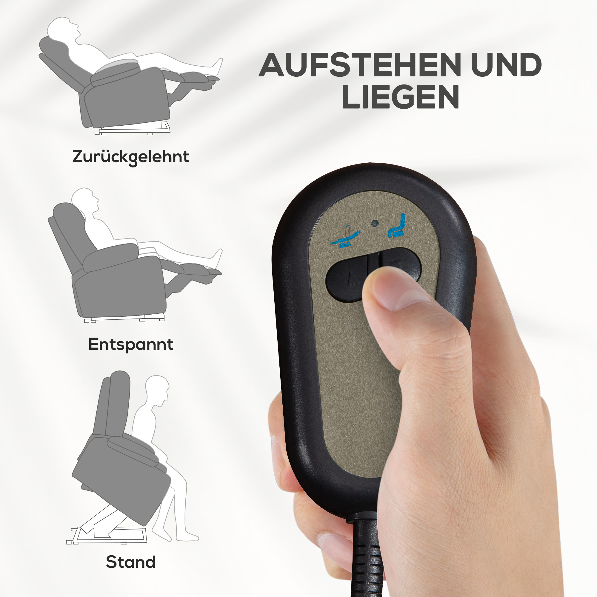 Hand, die eine Fernbedienung mit Knöpfen und Diagrammen eines Stuhls in verschiedenen Positionen hält.