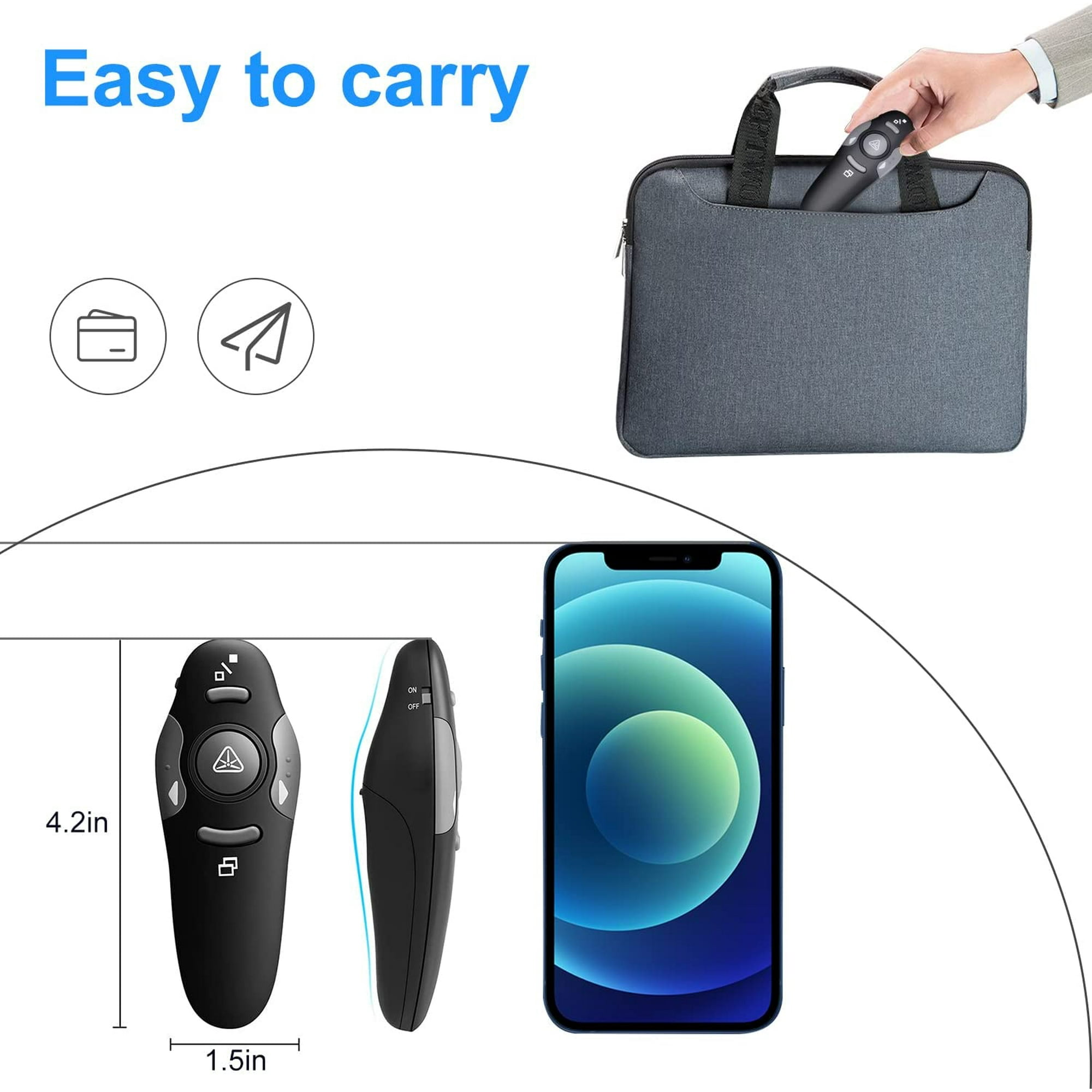 Schwarze Fernbedienung mit Telefon und kleiner Tasche. Maße 4,2 Zoll x 1,5 Zoll.