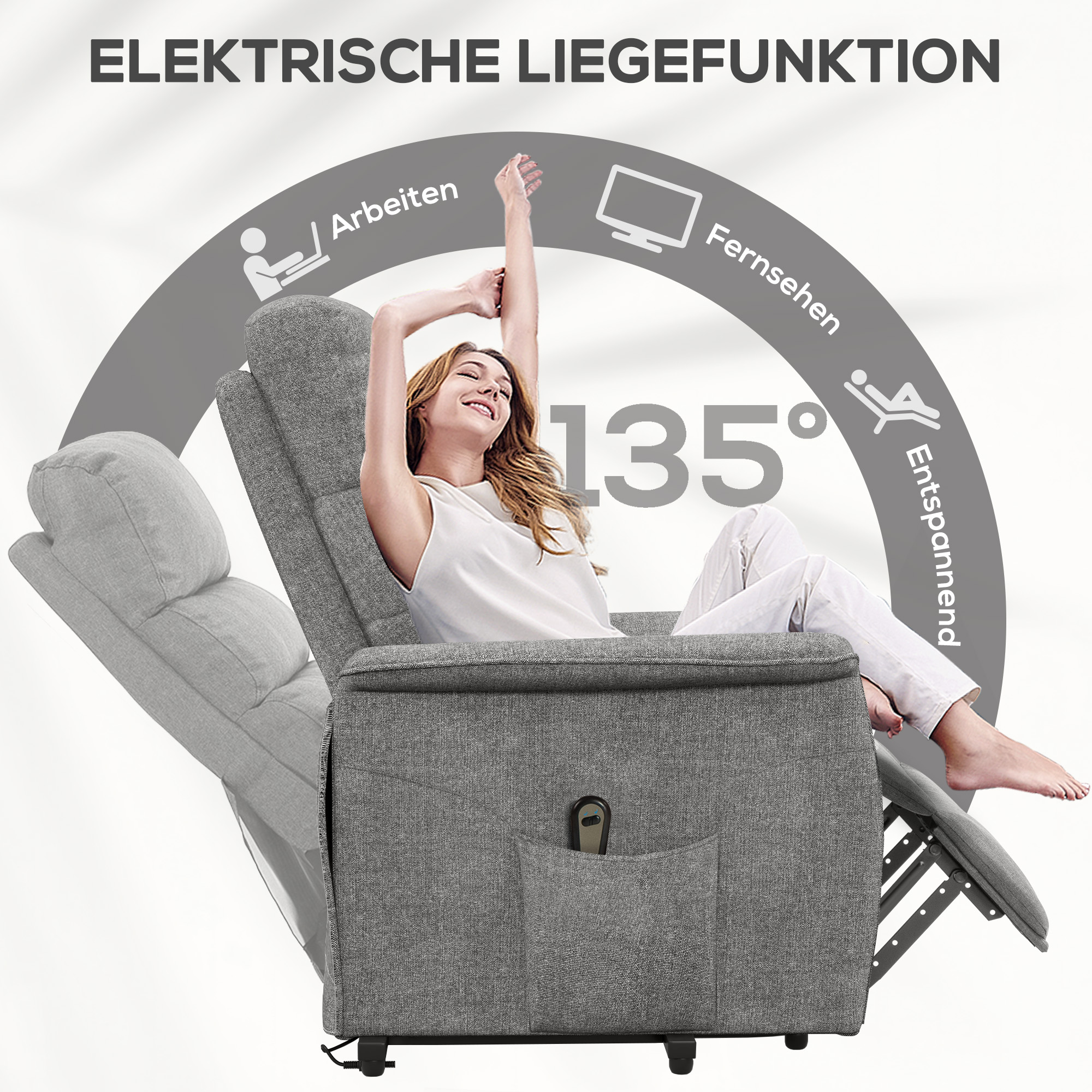 Eine Frau, die sich in einem grauen elektrischen Liegestuhl zurücklehnt, mit Text, der einen 135-Grad-Winkel angibt.