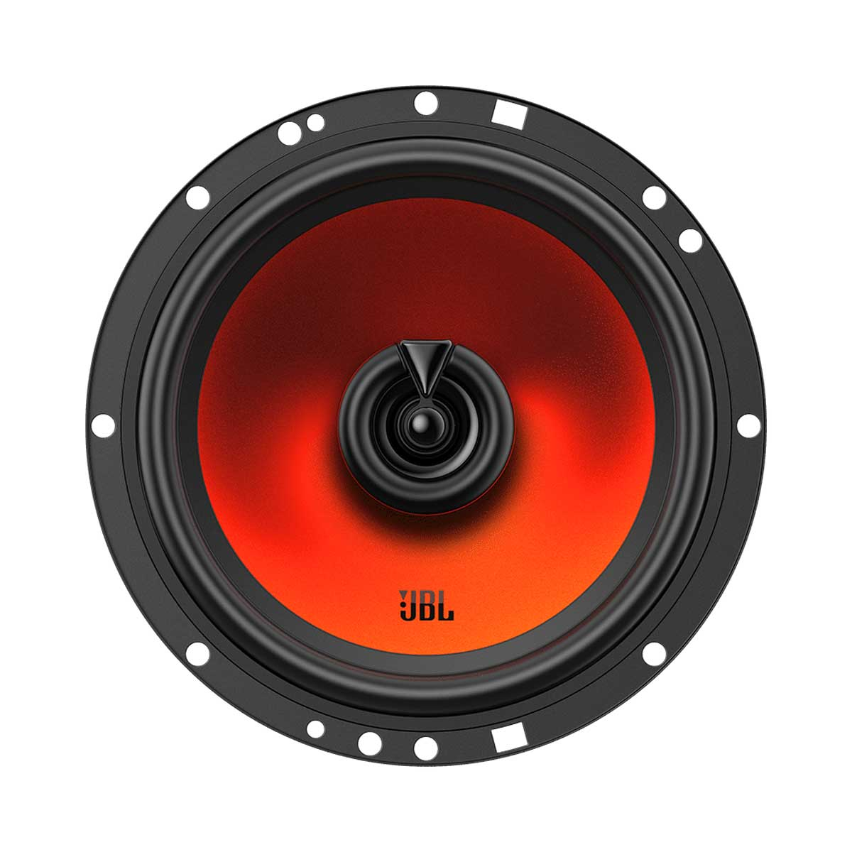 Haut-parleur de voiture JBL noir avec centre rouge et accents noirs. Forme circulaire.