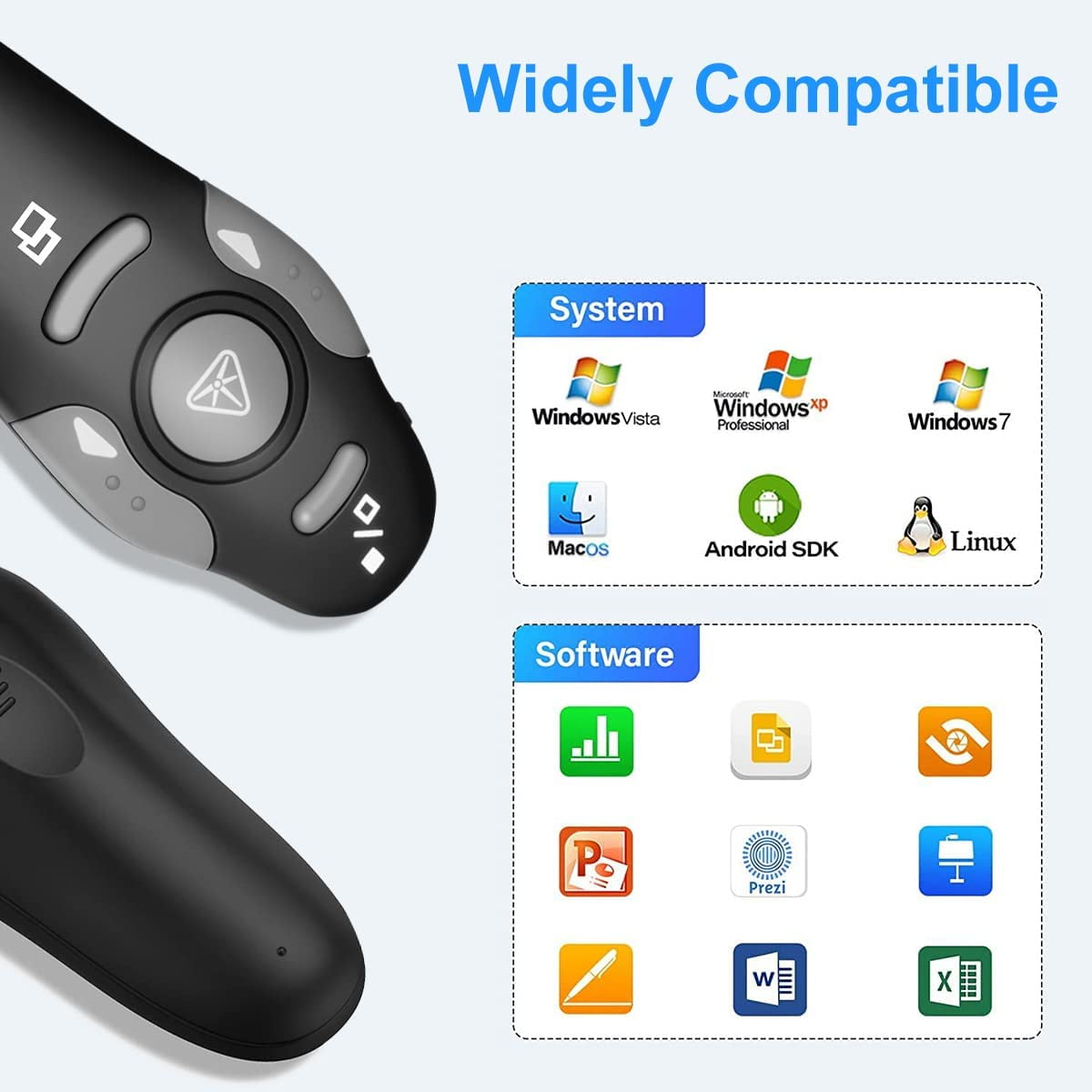 Schwarze Fernbedienung, kompatible Logos, Windows, MacOS, Android, Linux. Symbole für System und Software.
