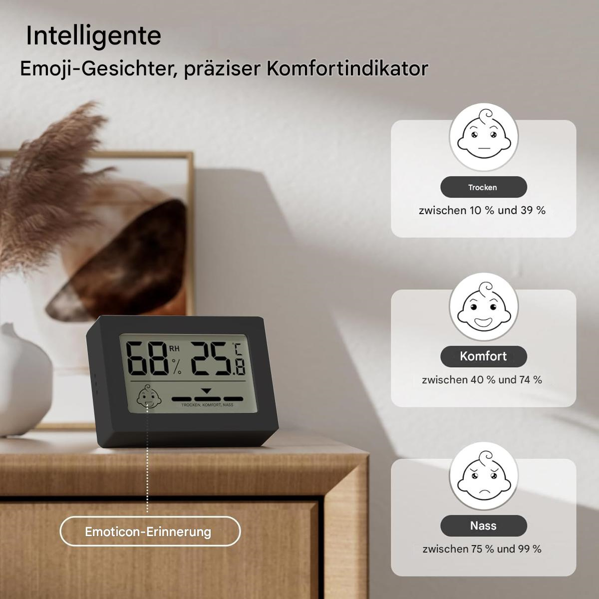 Schwarzes Digitalgerät zeigt Feuchtigkeit & Temperatur neben Komfort-Grafiken an.