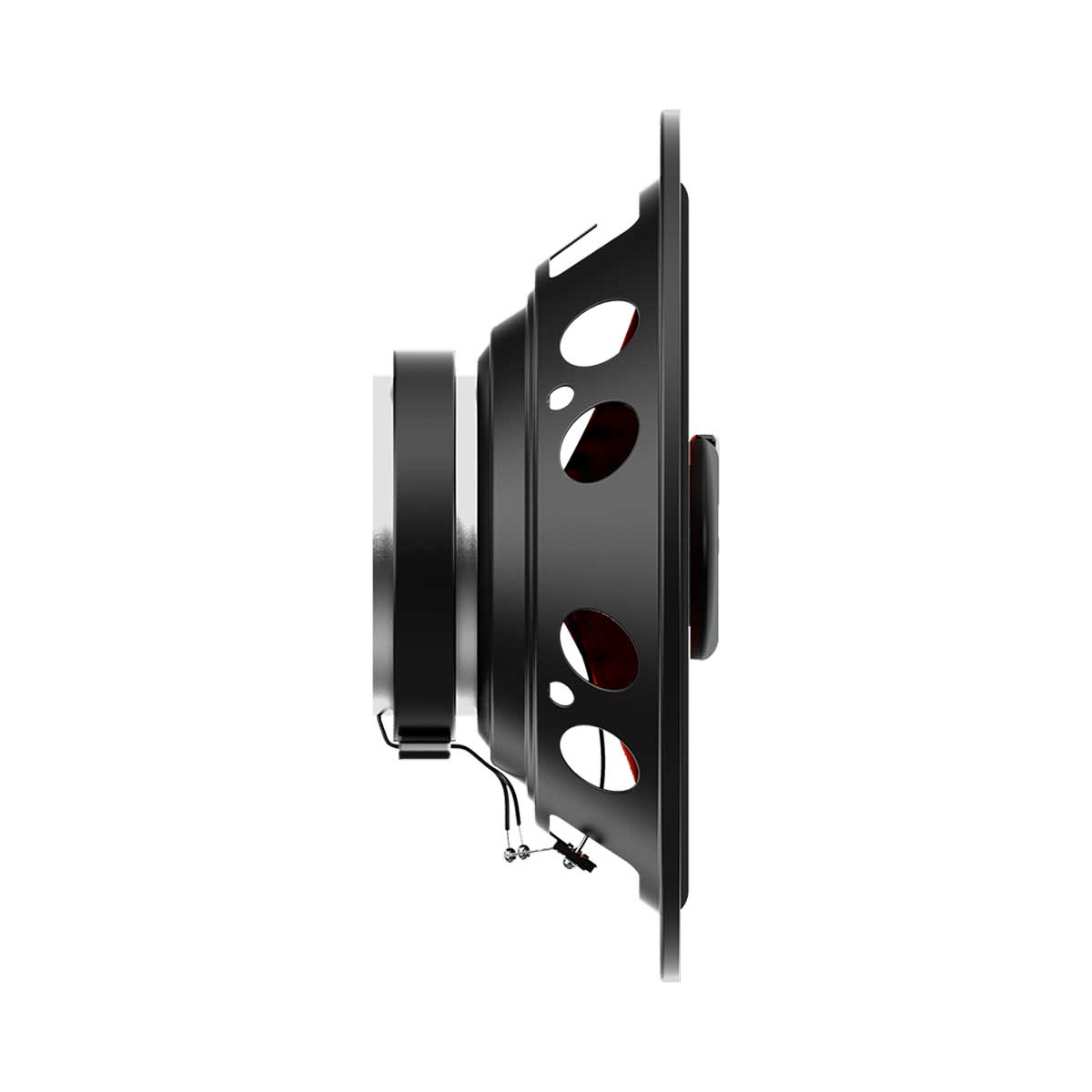 Haut-parleur noir, vue latérale. Le haut-parleur a une face avant circulaire avec un cercle intérieur rouge.